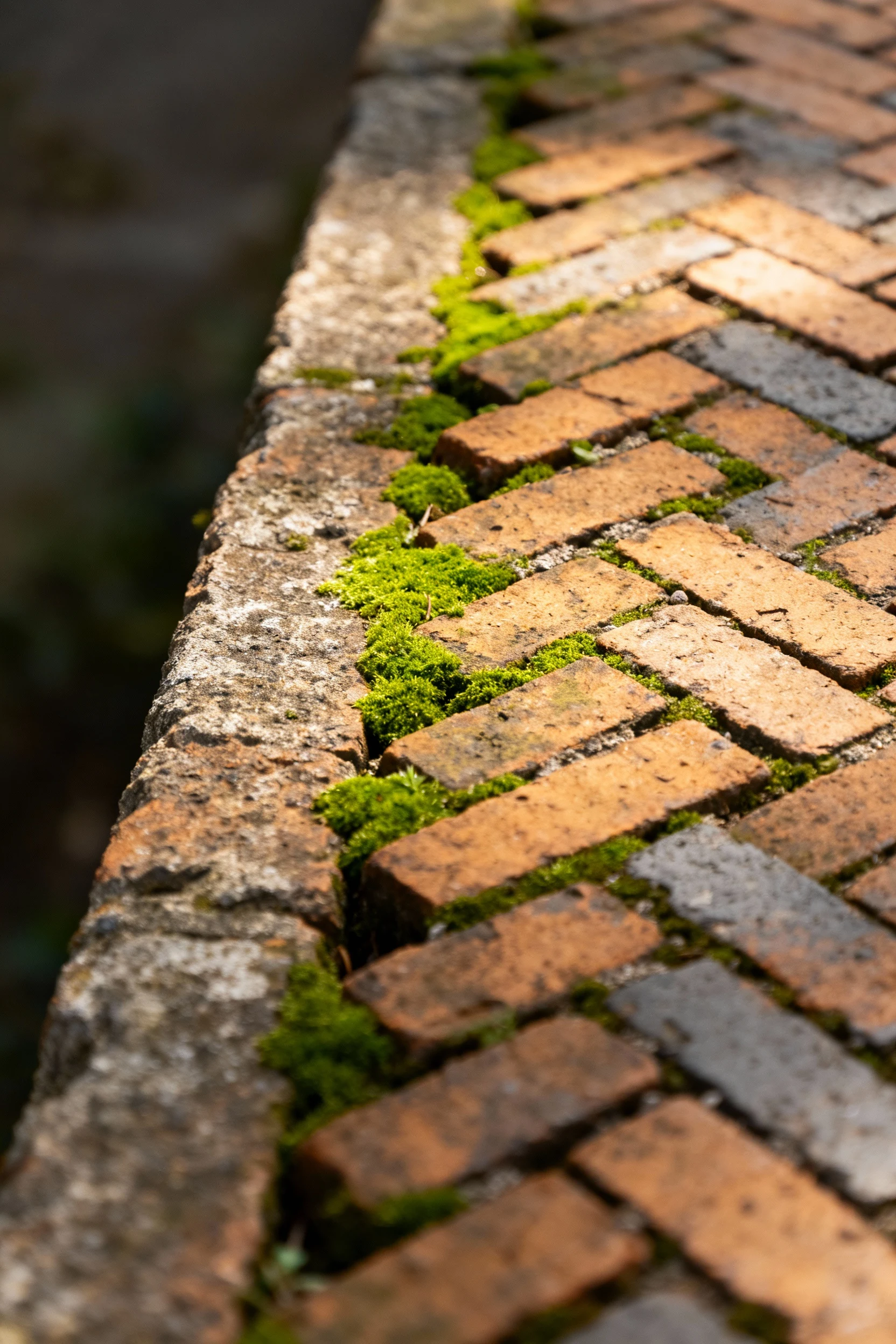 closeup of brick walkway edging in herringbone pattern with moss between bricks