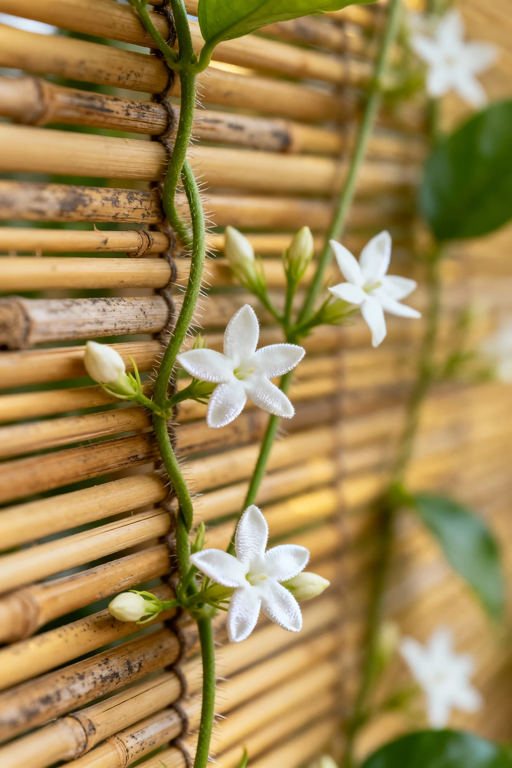 closeup of jasmine vines climbing bamboo screen