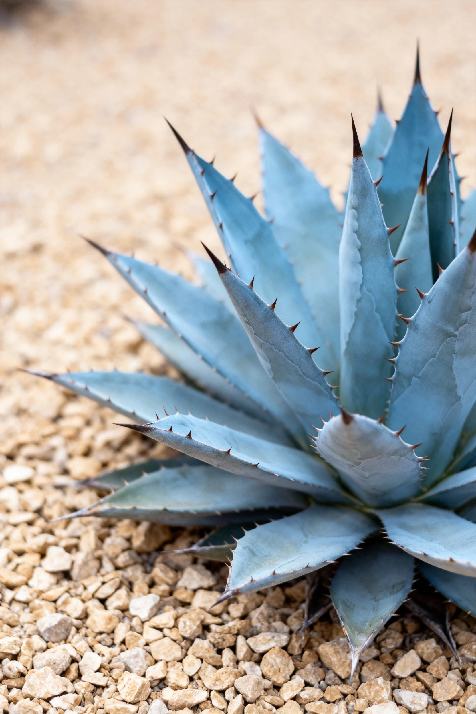 closeup blue-gray Agave parryi rosette on tan crushed gravel