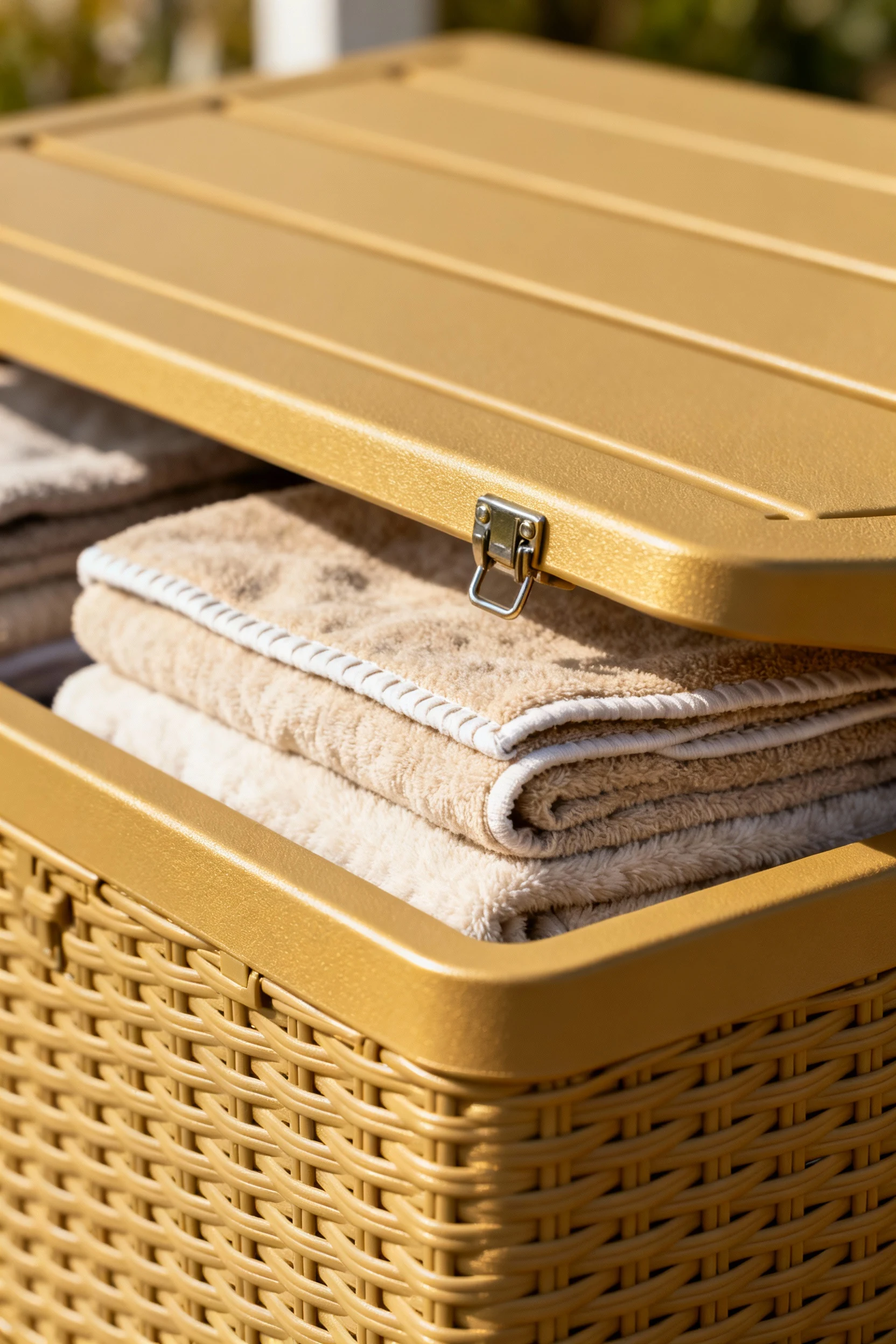 closeup of weather-resistant resin wicker storage bench with lid open revealing folded blankets