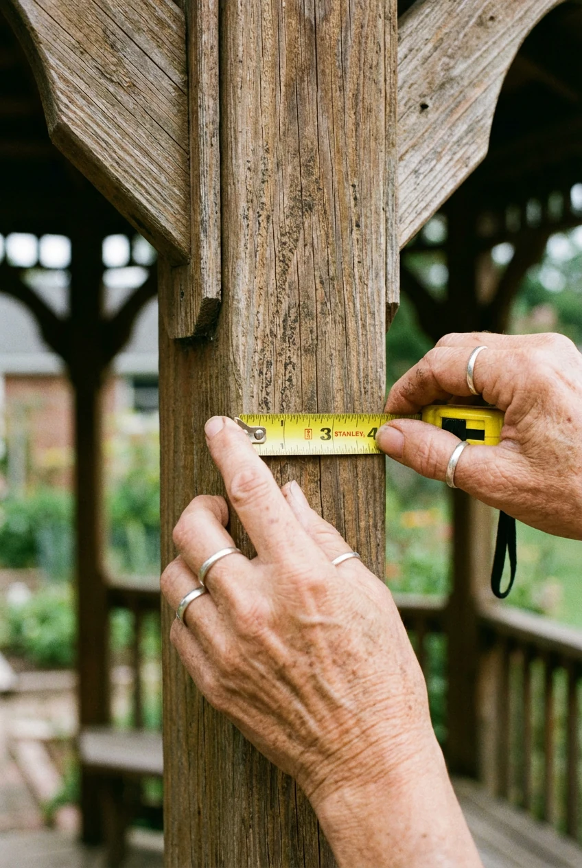 closeup female hands measuring wooden gazebo post with yellow tape