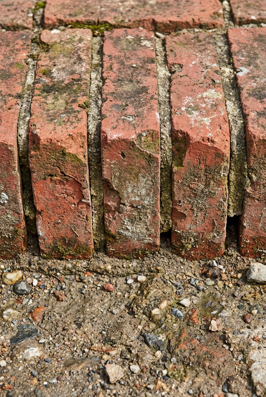 closeup weathered red soldier-course bricks on tamped gravel-sand base