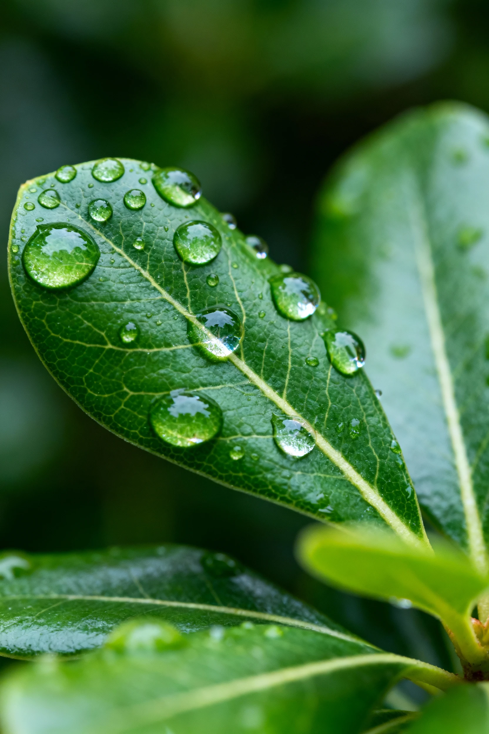 closeup of glossy pittosporum leaves with morning dew