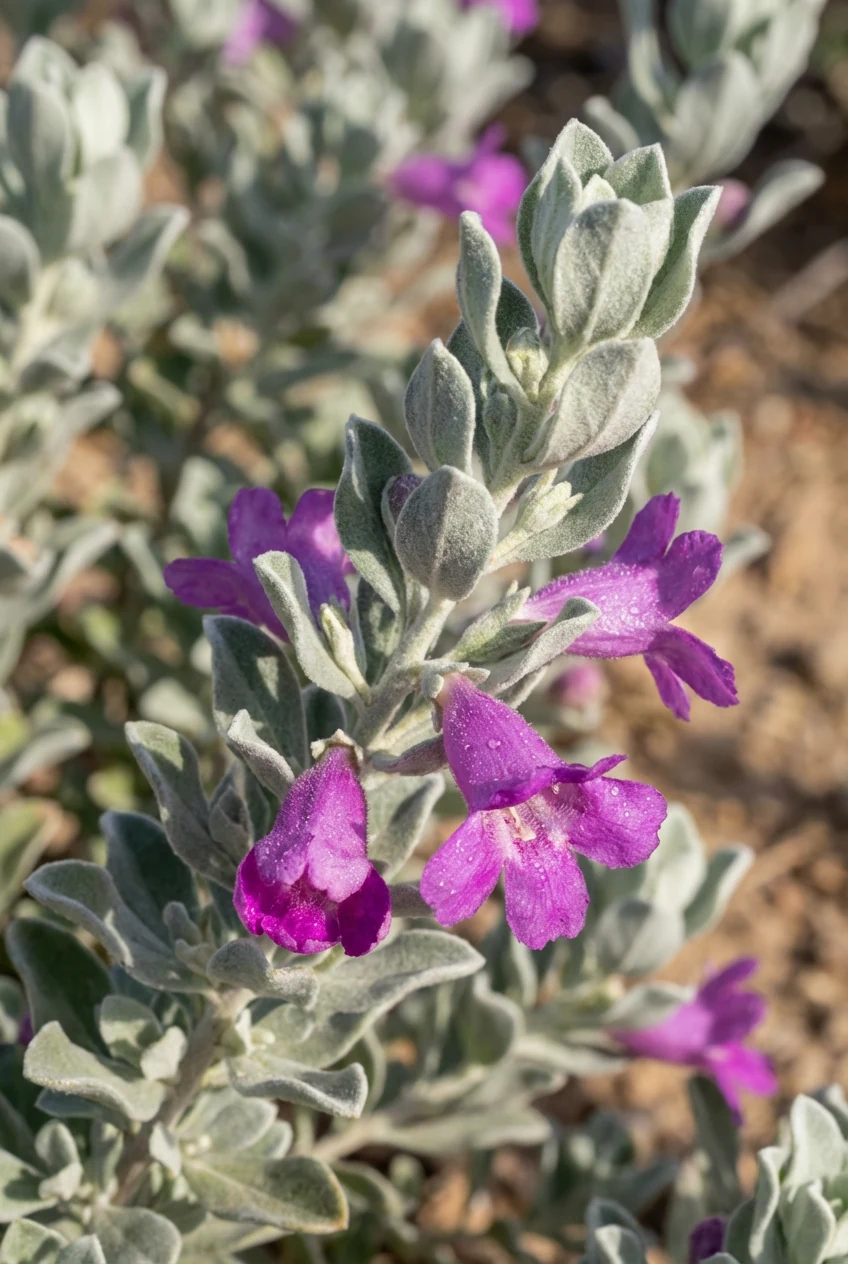 closeup Texas sage silvery leaves and purple blooms