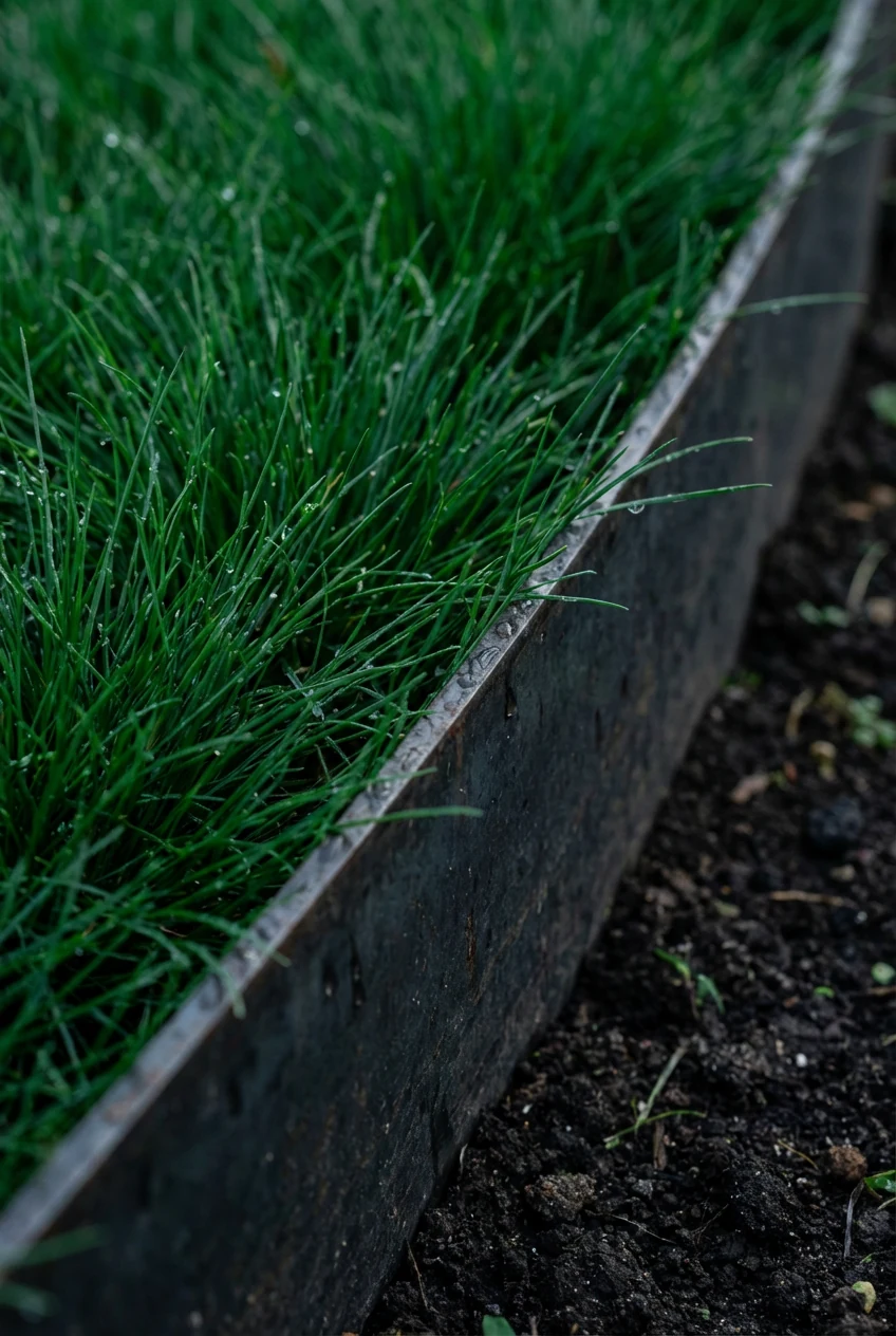 1. closeup steel edging with deep green fine fescue strip