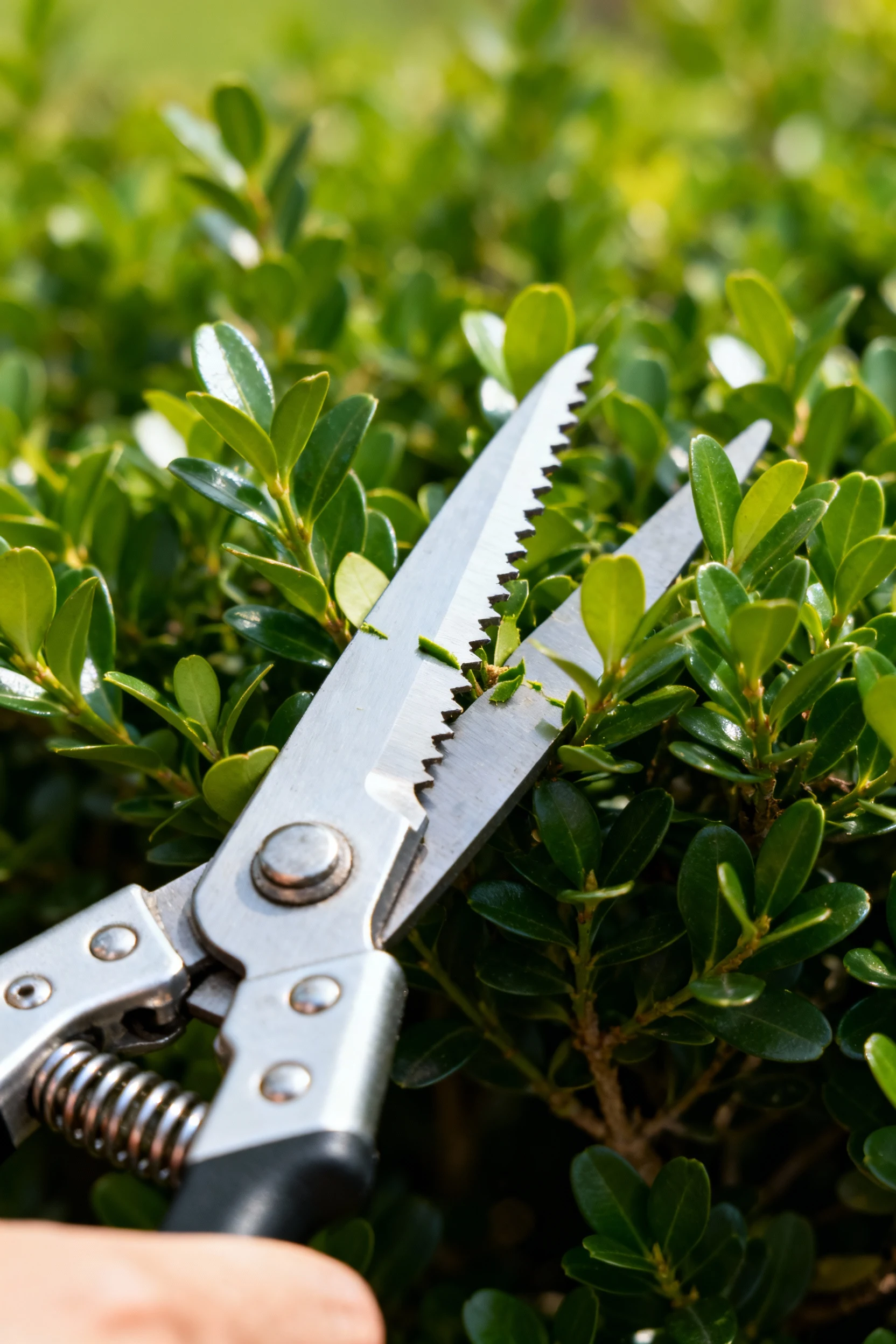 closeup of sharp hand pruners trimming boxwood hedge