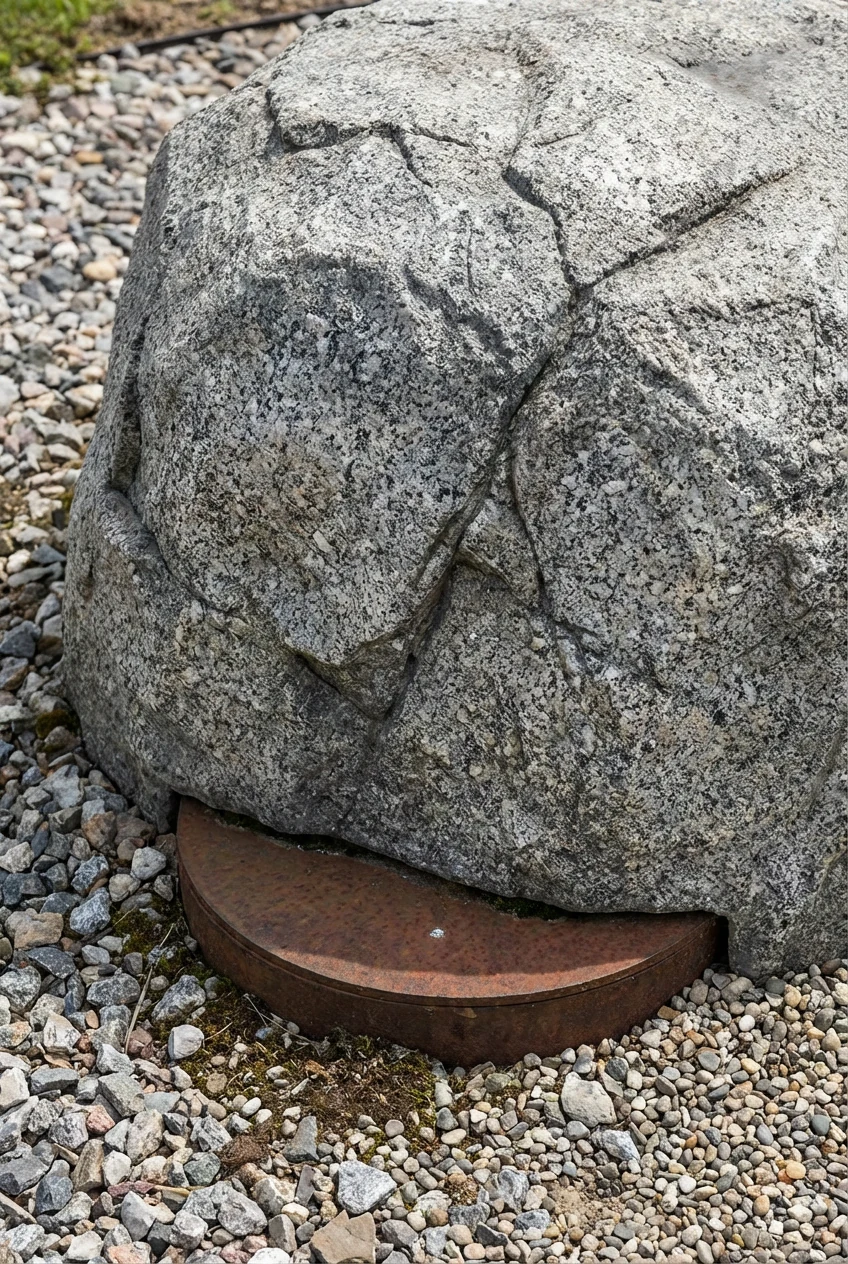 closeup textured faux granite-gray boulder over well cap, gravel pad