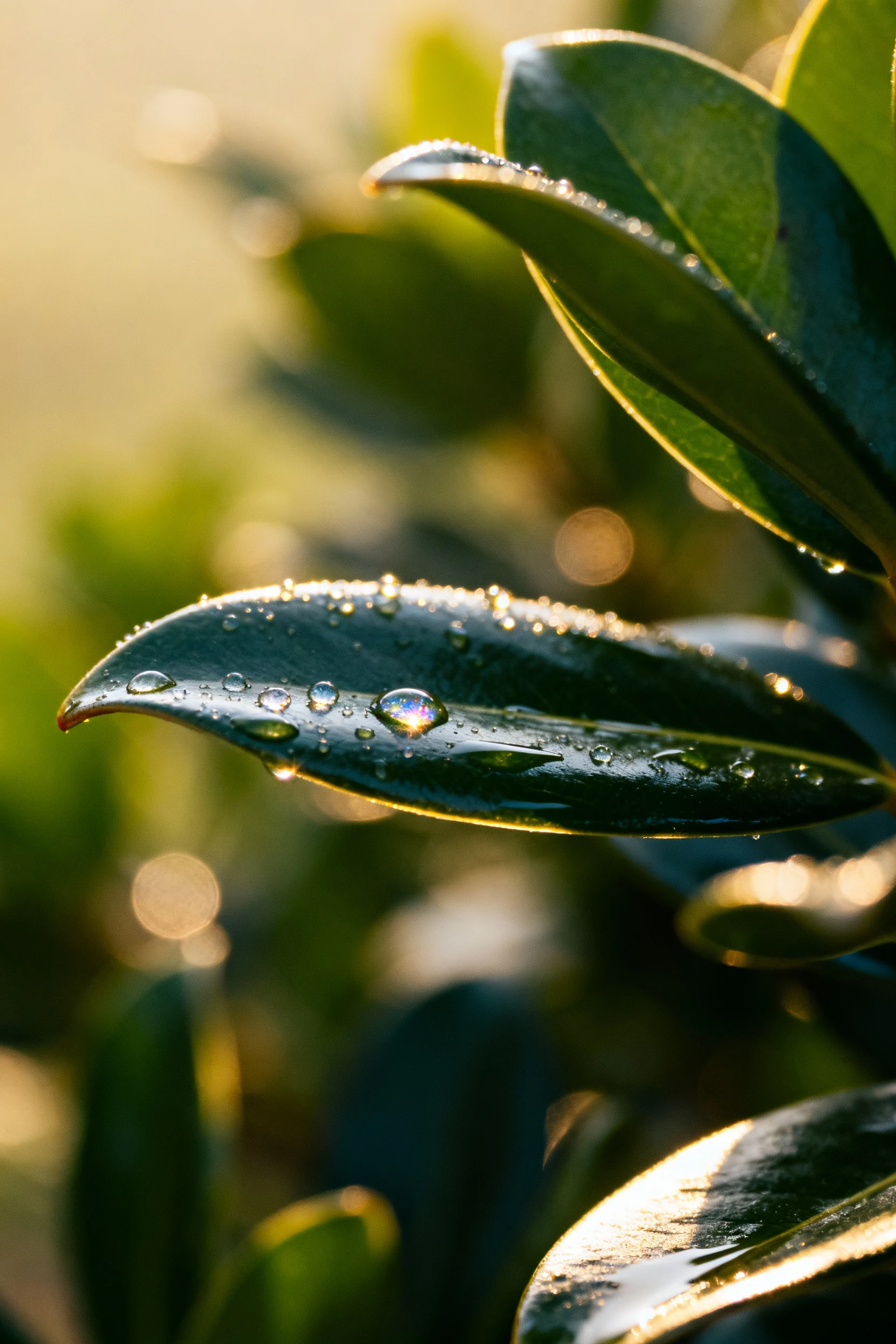 closeup of glossy Portuguese laurel leaves with morning dew