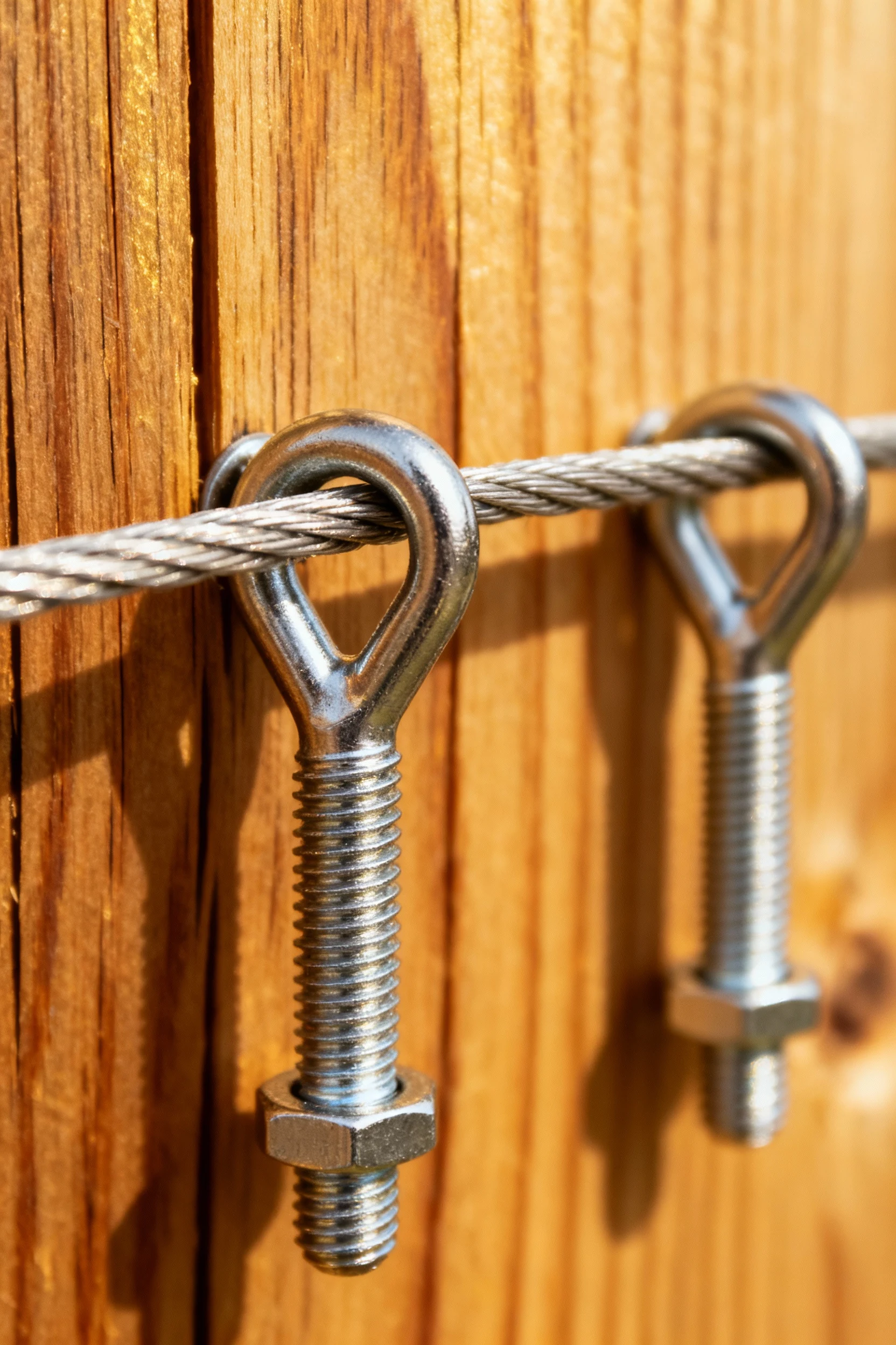 closeup stainless eye screws, taut wire, cedar wood grain