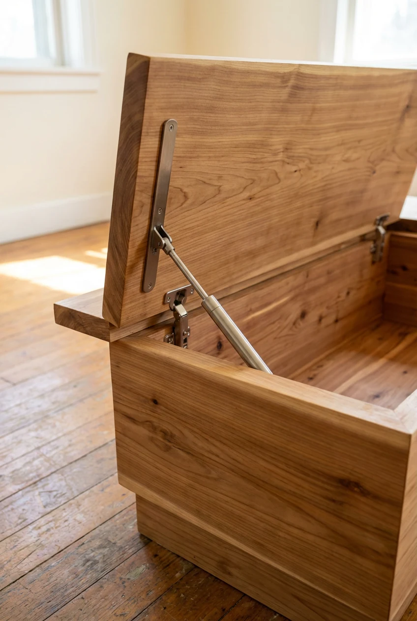 closeup of cedar L-shaped bench lid lifting, soft-close hinge