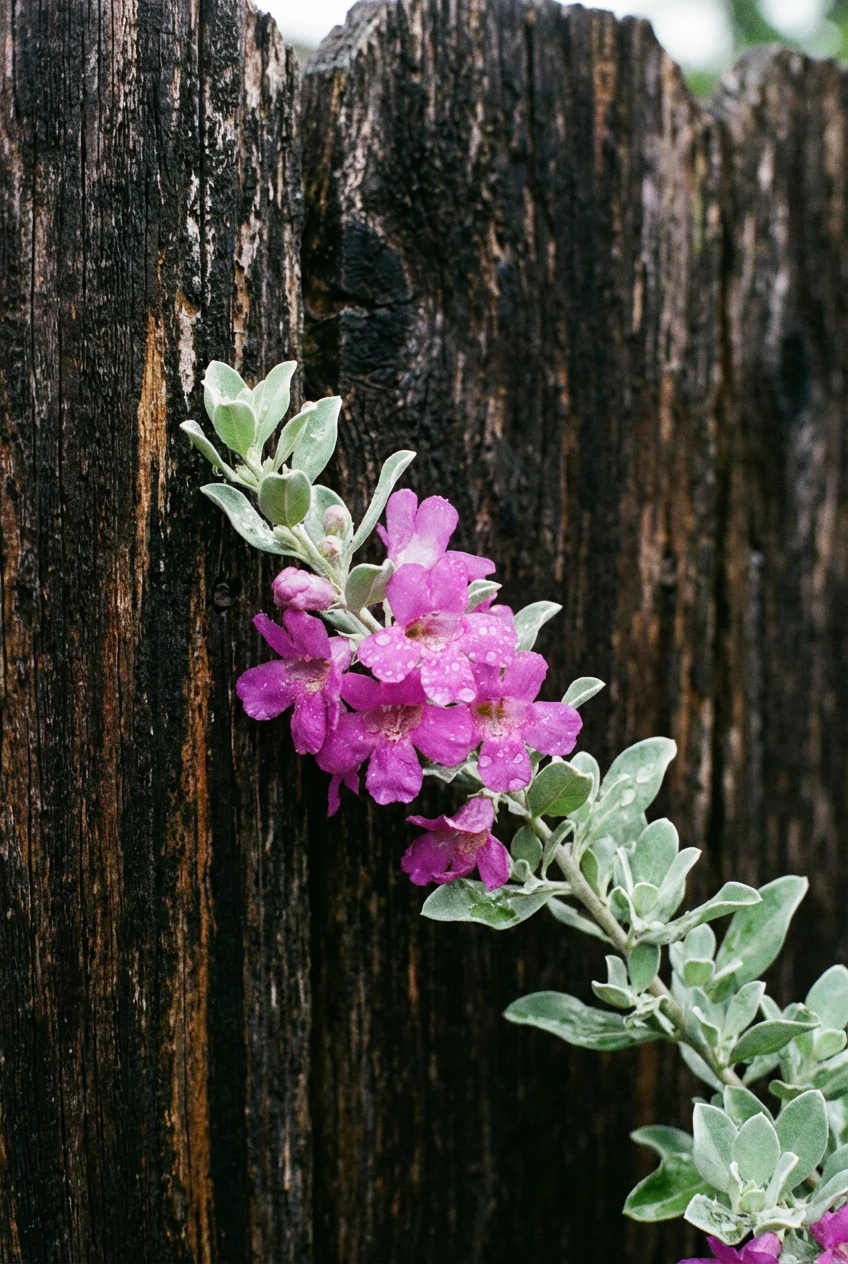 closeup Texas sage purple blooms against dark-stained fence