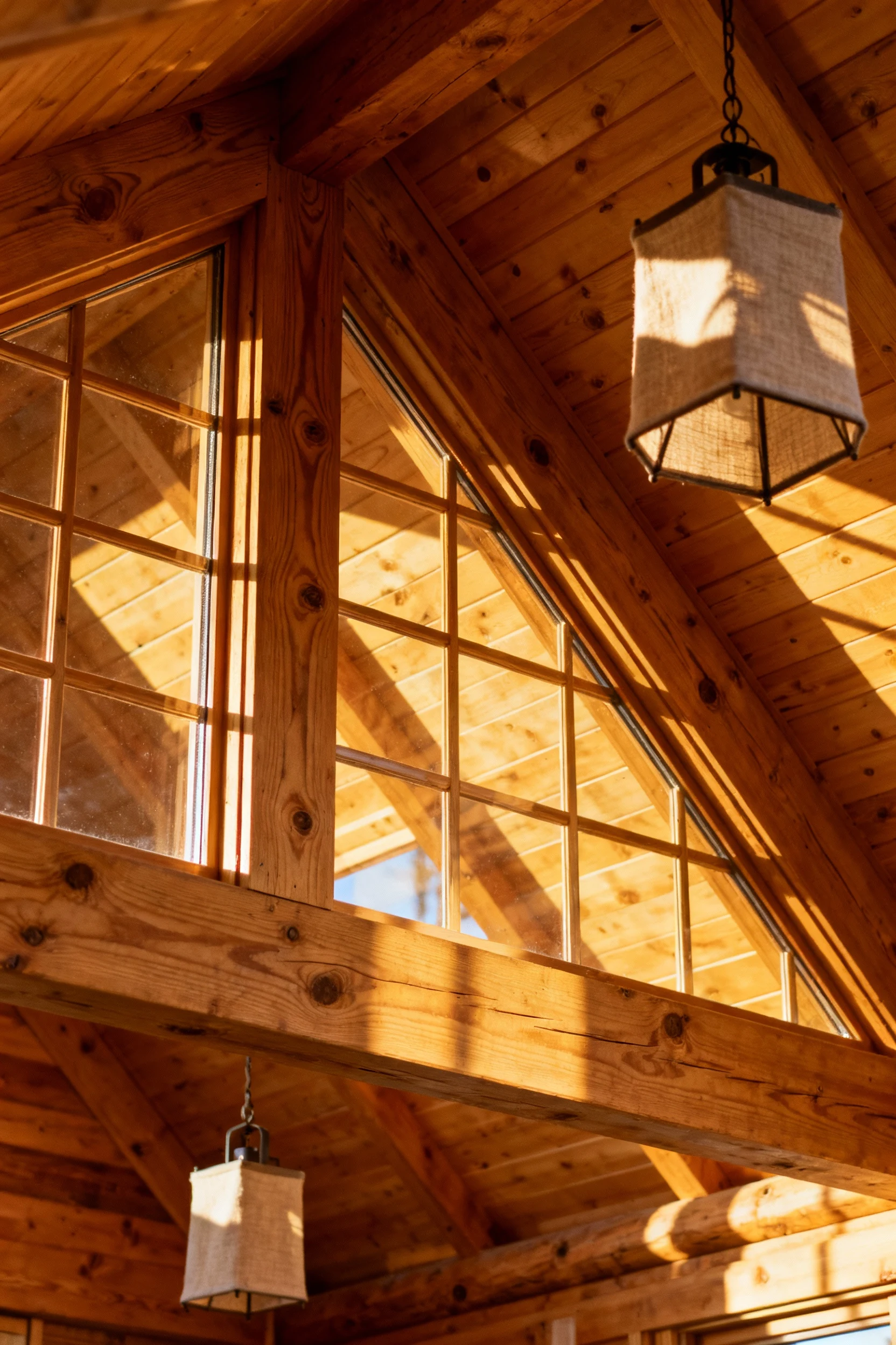 closeup A-frame spruce beams, glass panes, hanging lanterns