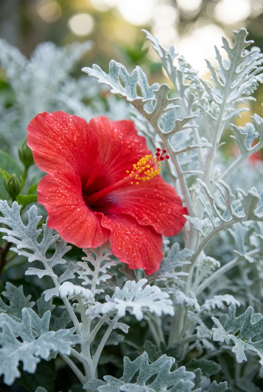 closeup red hibiscus bloom with silver dusty miller foliage