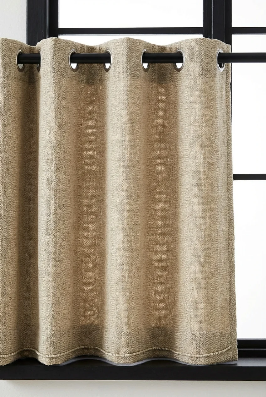 closeup textured sand acrylic grommet curtain, weighted hem, black frame