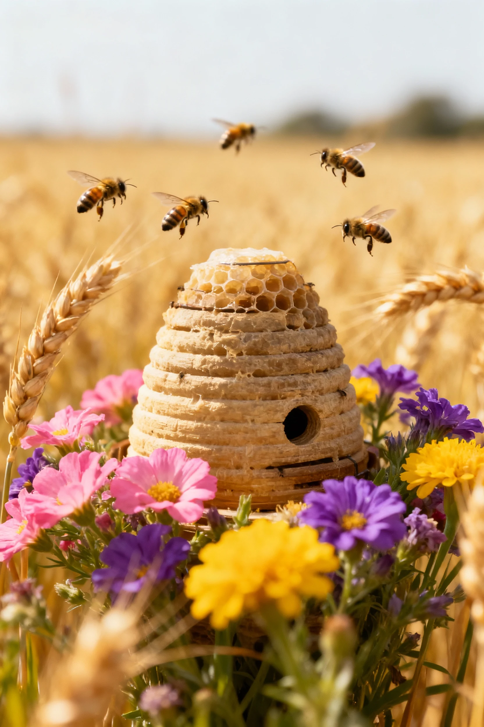 closeup of beehive among mixed flowers, bees over wheat