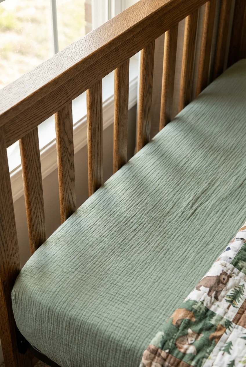 closeup of sage muslin crib sheet on oak crib