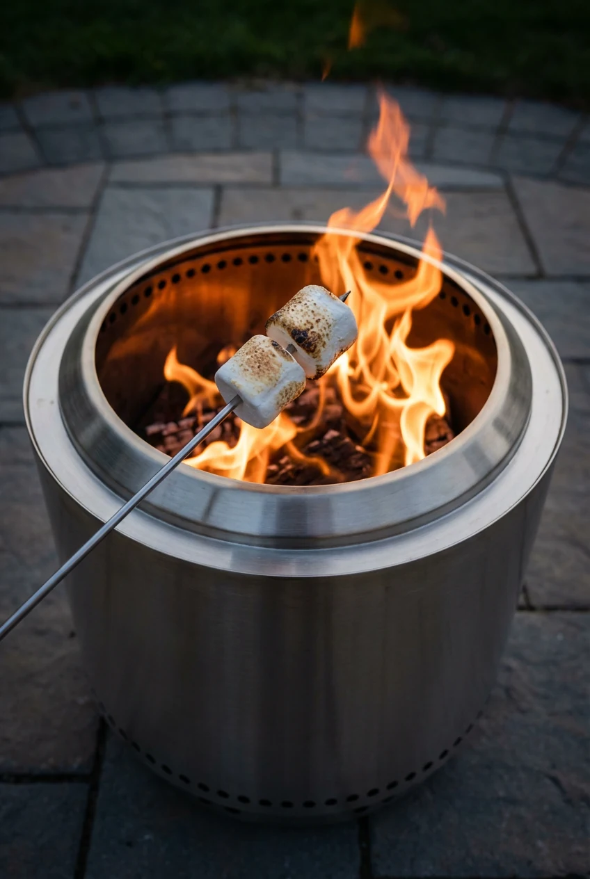 closeup marshmallow skewer, orange flame, smokeless stainless fire pit