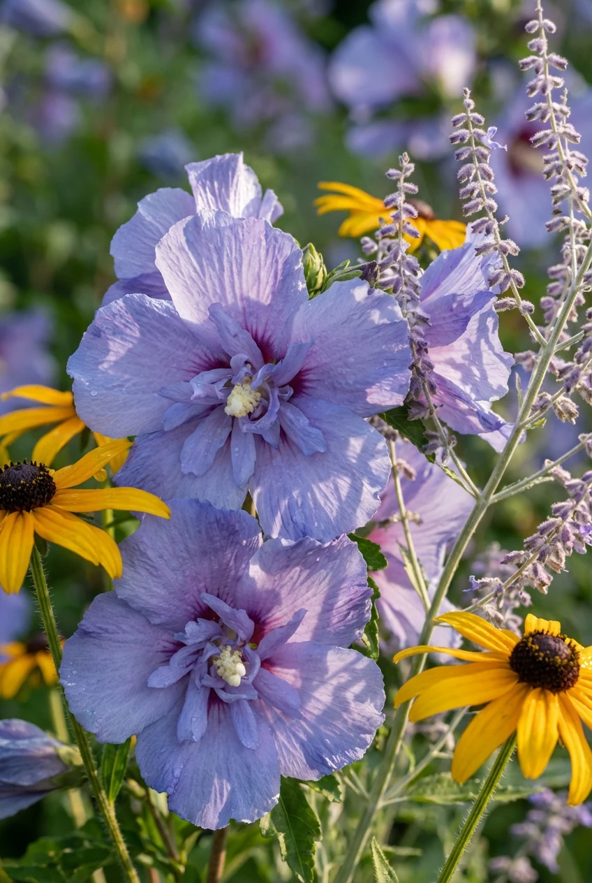closeup of blue-lavender hibiscus with golden Rudbeckia and Russian sage