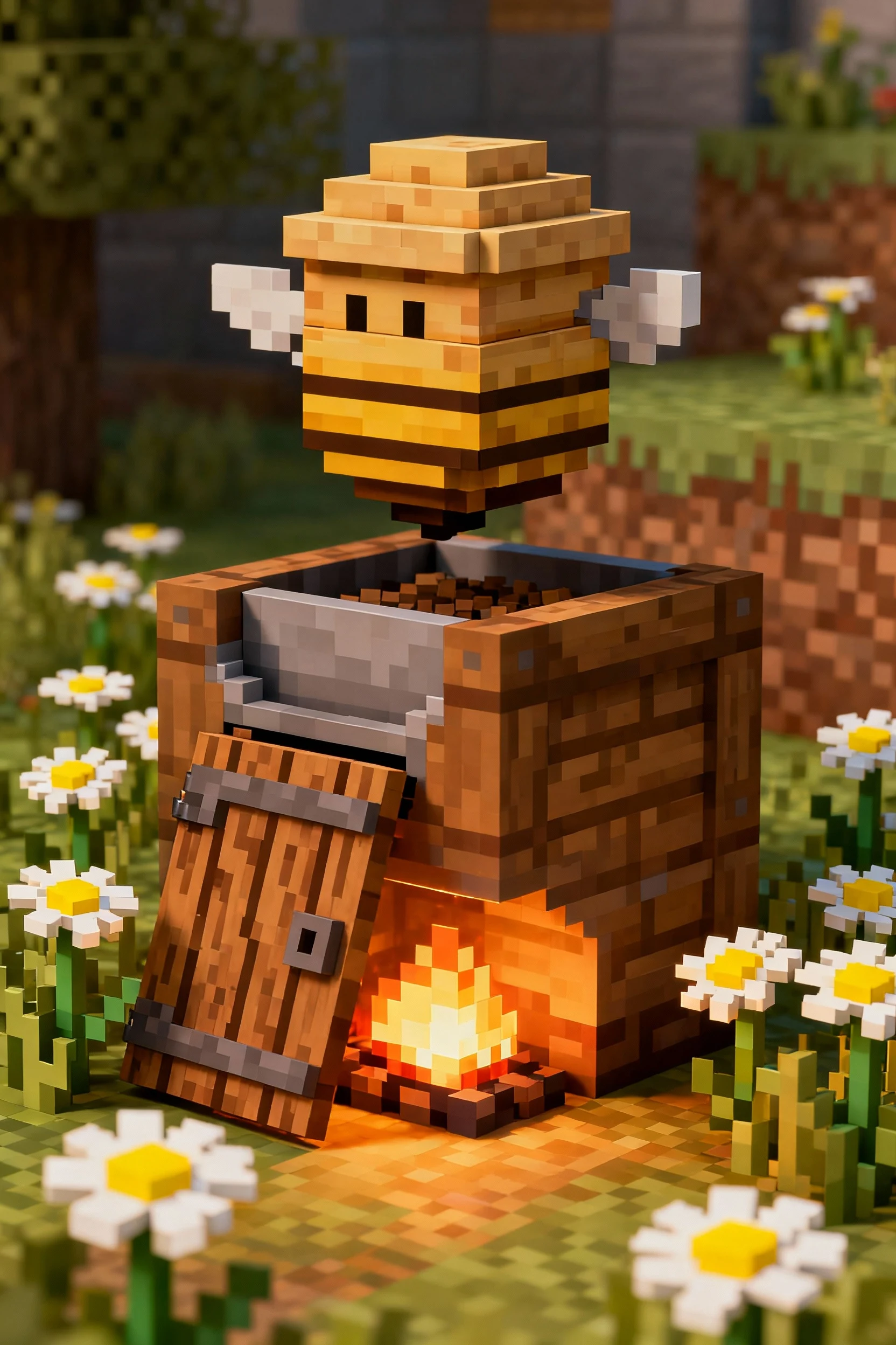 closeup beehive above hopper, oak trapdoor hides campfire, daisies