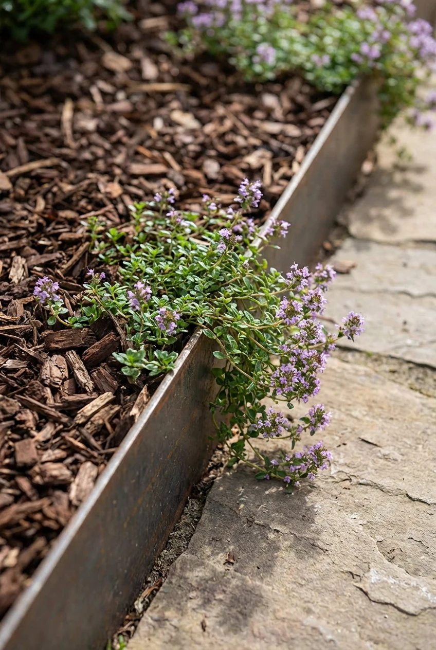 closeup steel edging with dark mulch, creeping thyme spilling