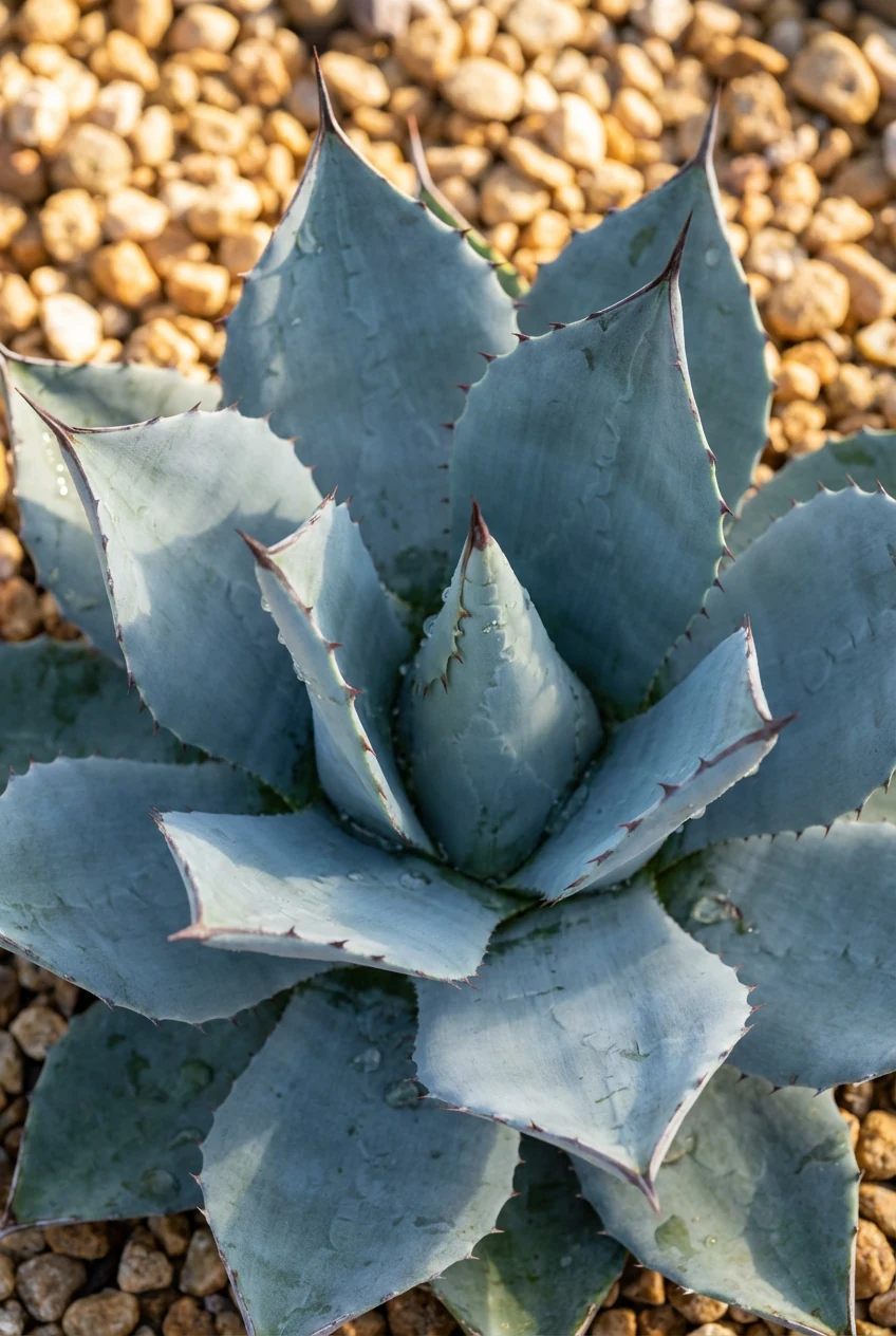 closeup of blue-gray agave parryi against warm tan gravel