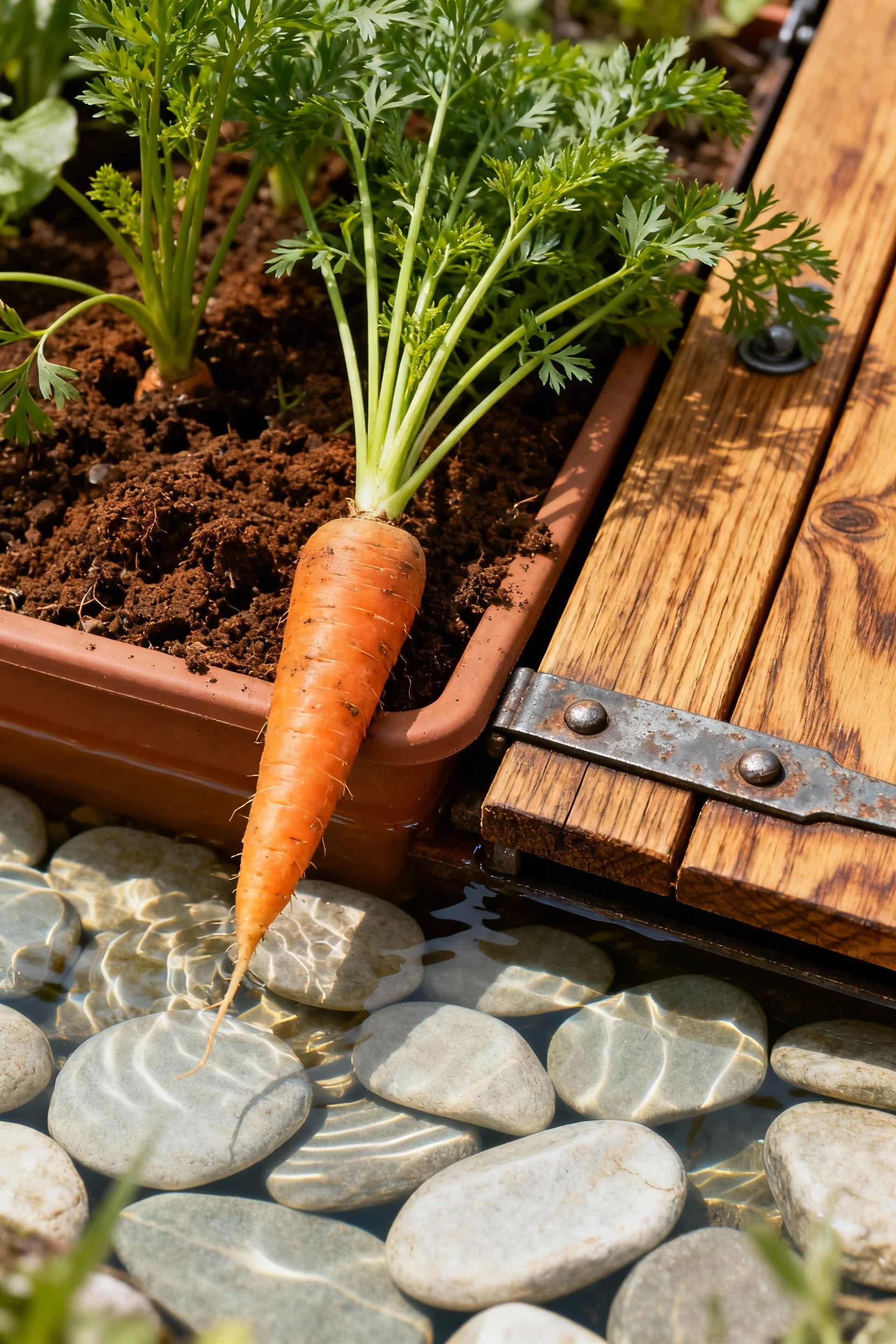 closeup carrot planter, slab-covered water, oak trapdoor rim