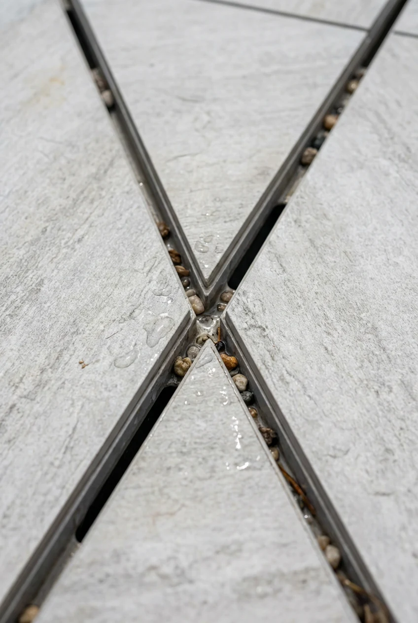 closeup slot drain along pale gray porcelain deck