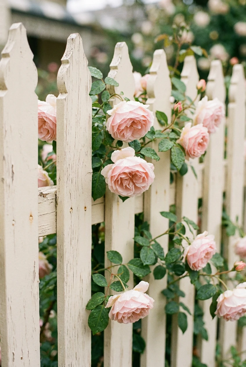 closeup soft cream picket fence with blush roses