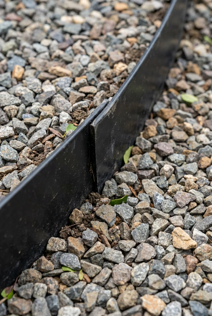 closeup black steel edging against 3/8-inch angular gravel