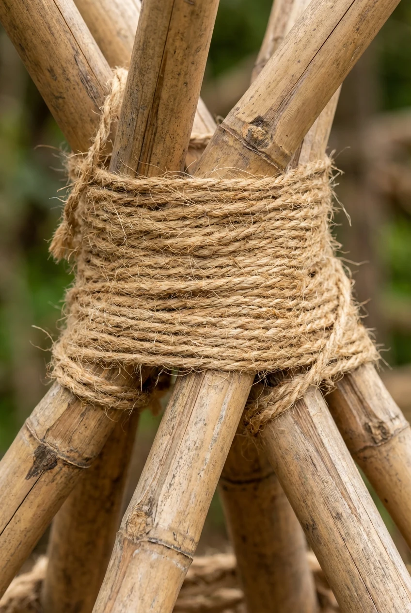 closeup rough jute frapping turns lashing tan bamboo crown
