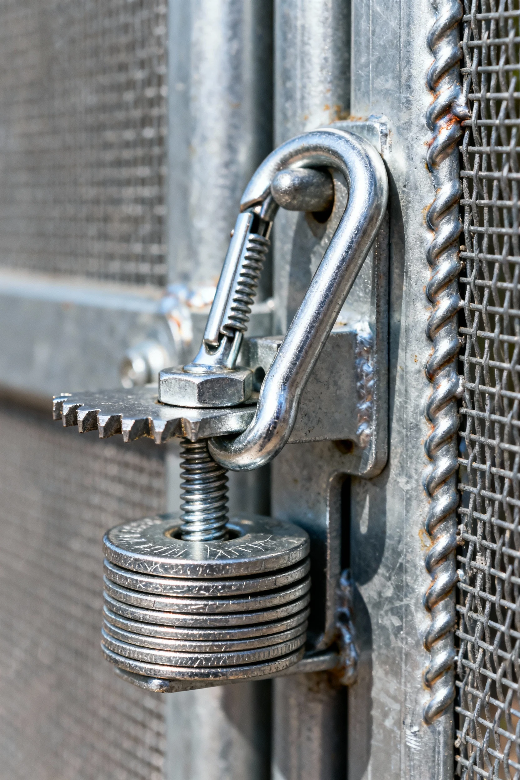 closeup carabiner latch on galvanized hardware cloth door, washers, frame