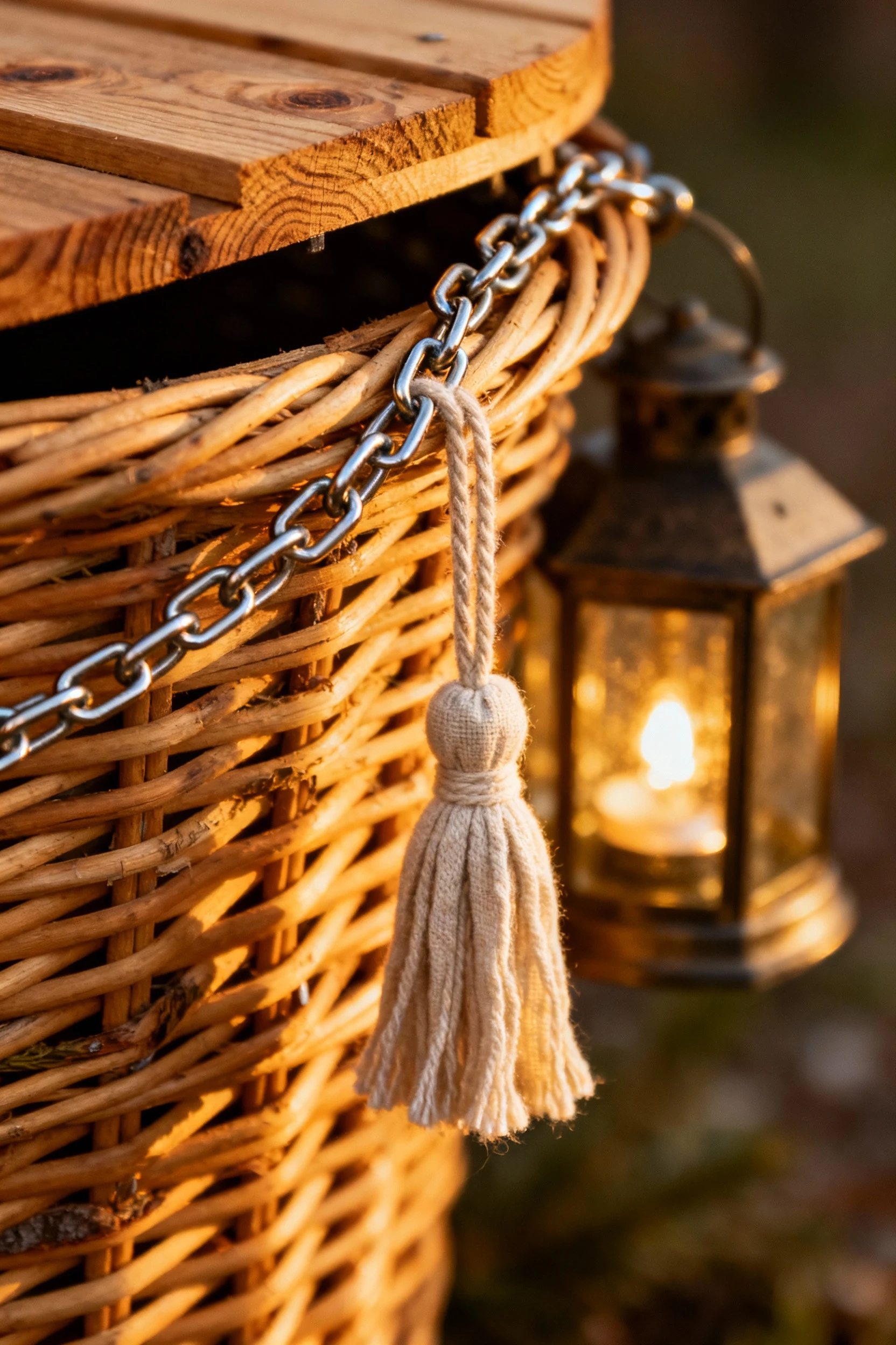 closeup spruce trapdoor composter basket with chain, lantern tassel
