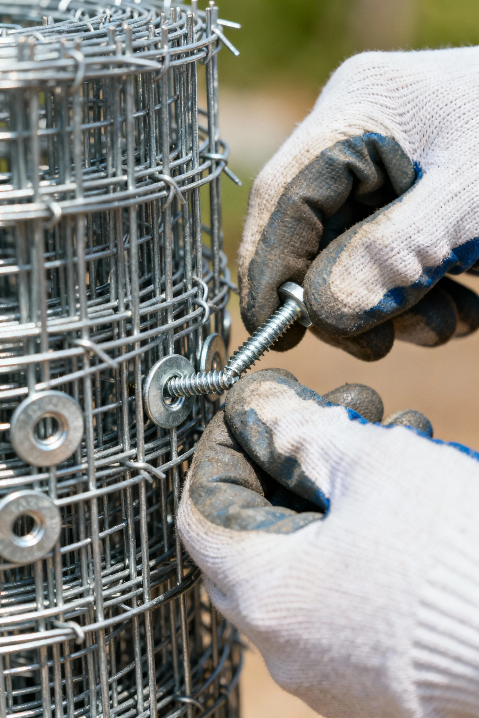 closeup gloved hands screwing galvanized hardware cloth with washers