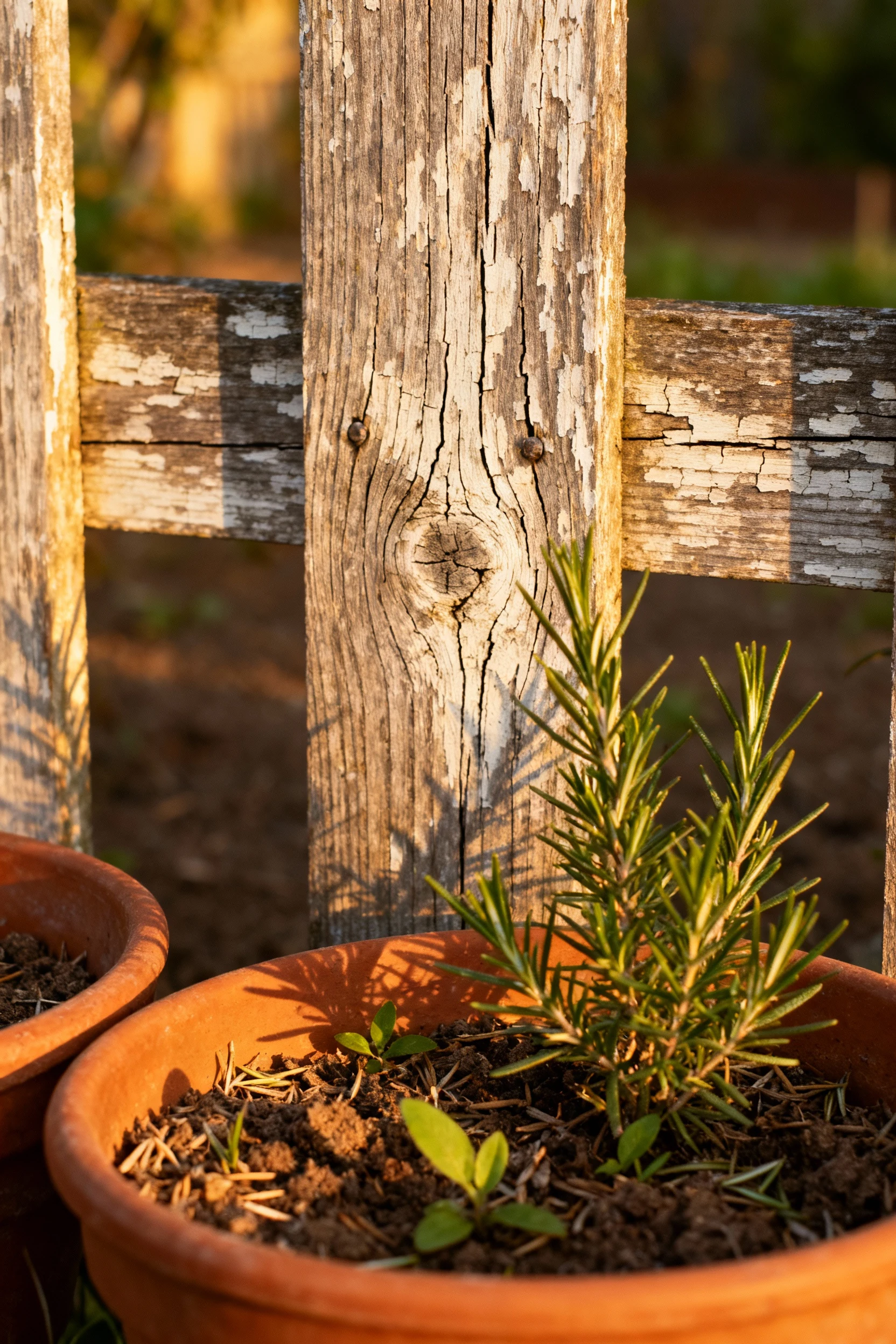 closeup weathered wooden garden gate, terracotta rosemary pots