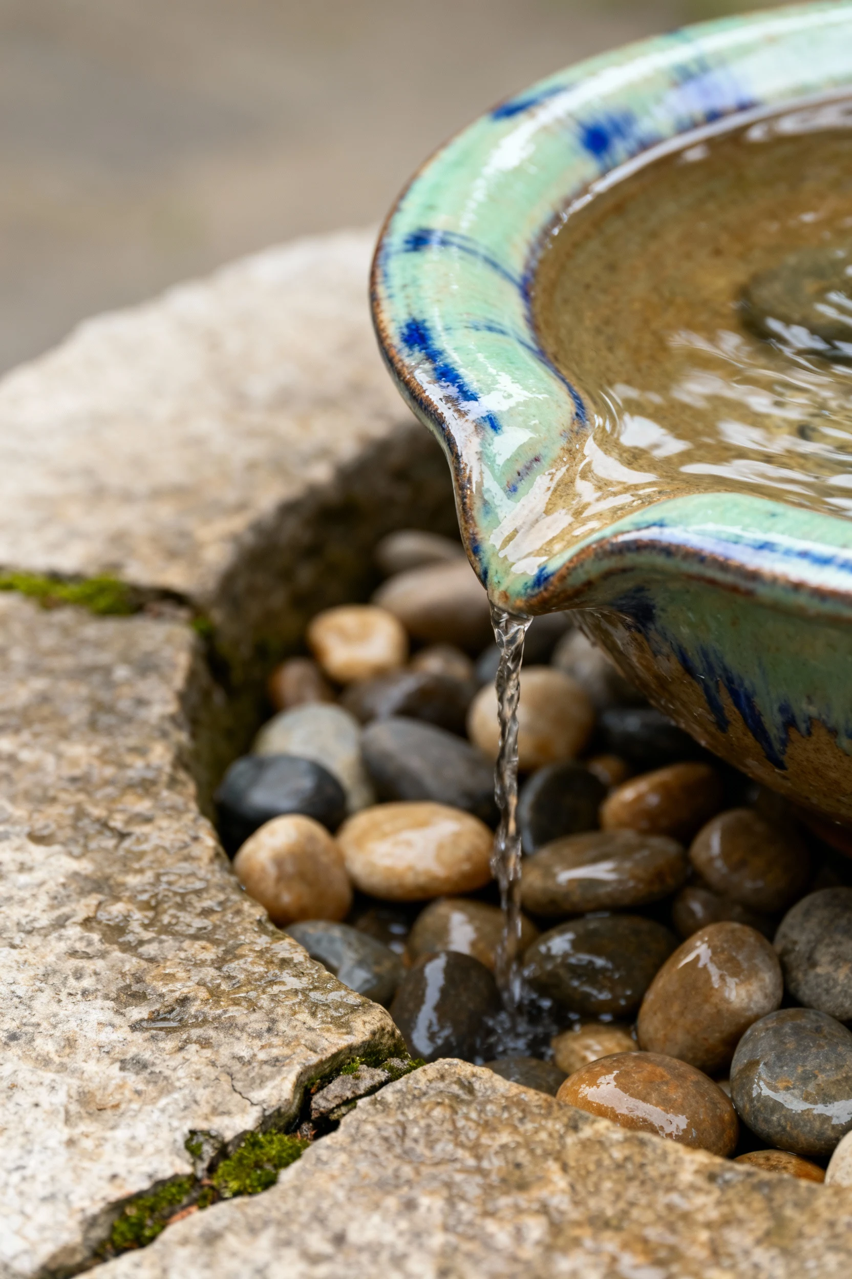 closeup ceramic glazed bowl fountain on flagstone, pebbles