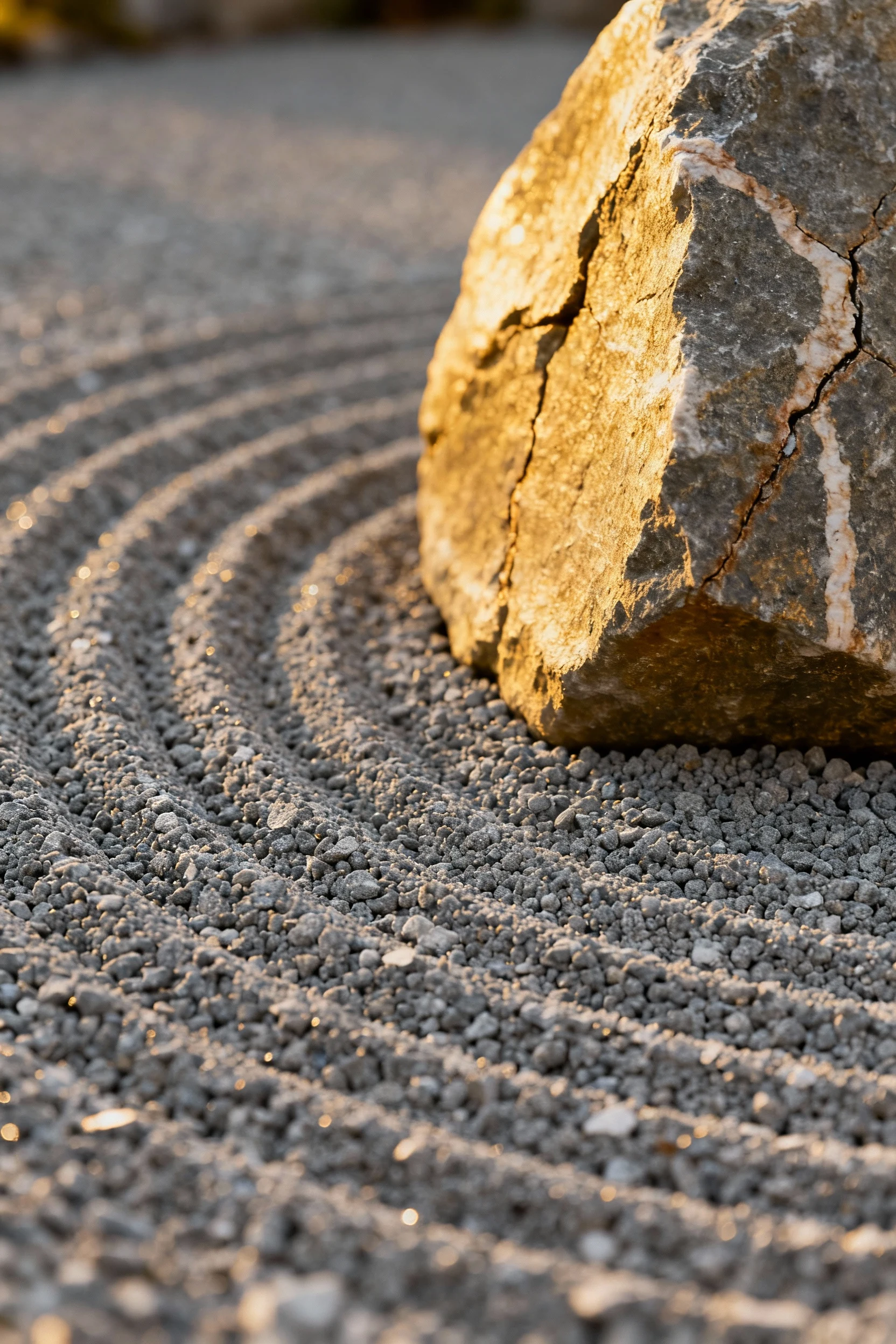 closeup raked gray decomposed granite around off-center boulder