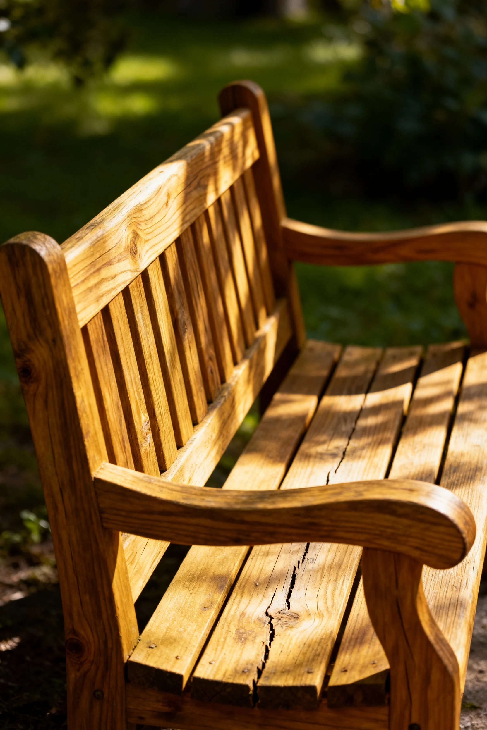 closeup of cedar bench with curved arms, dappled shade