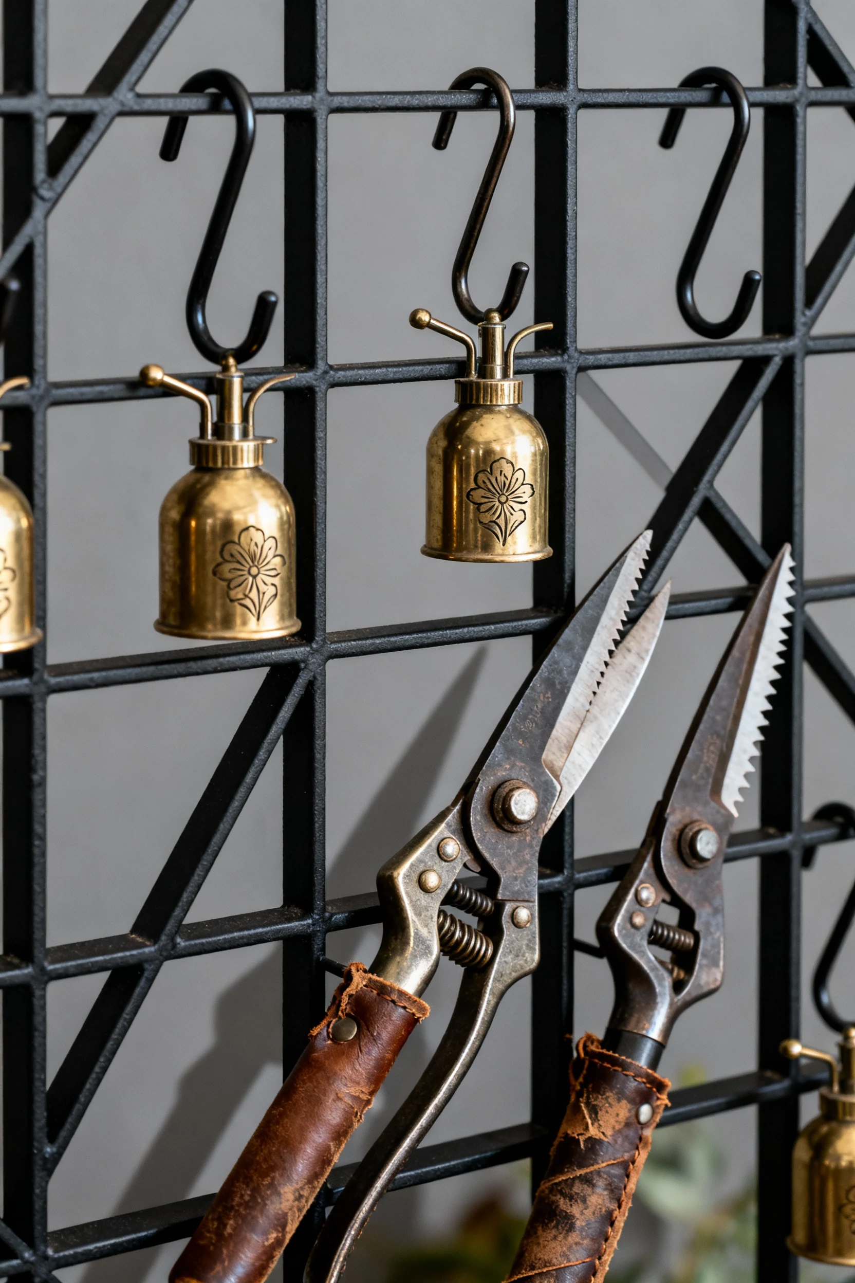 closeup black metal grid wall, S-hooks, brass misters, pruning snips