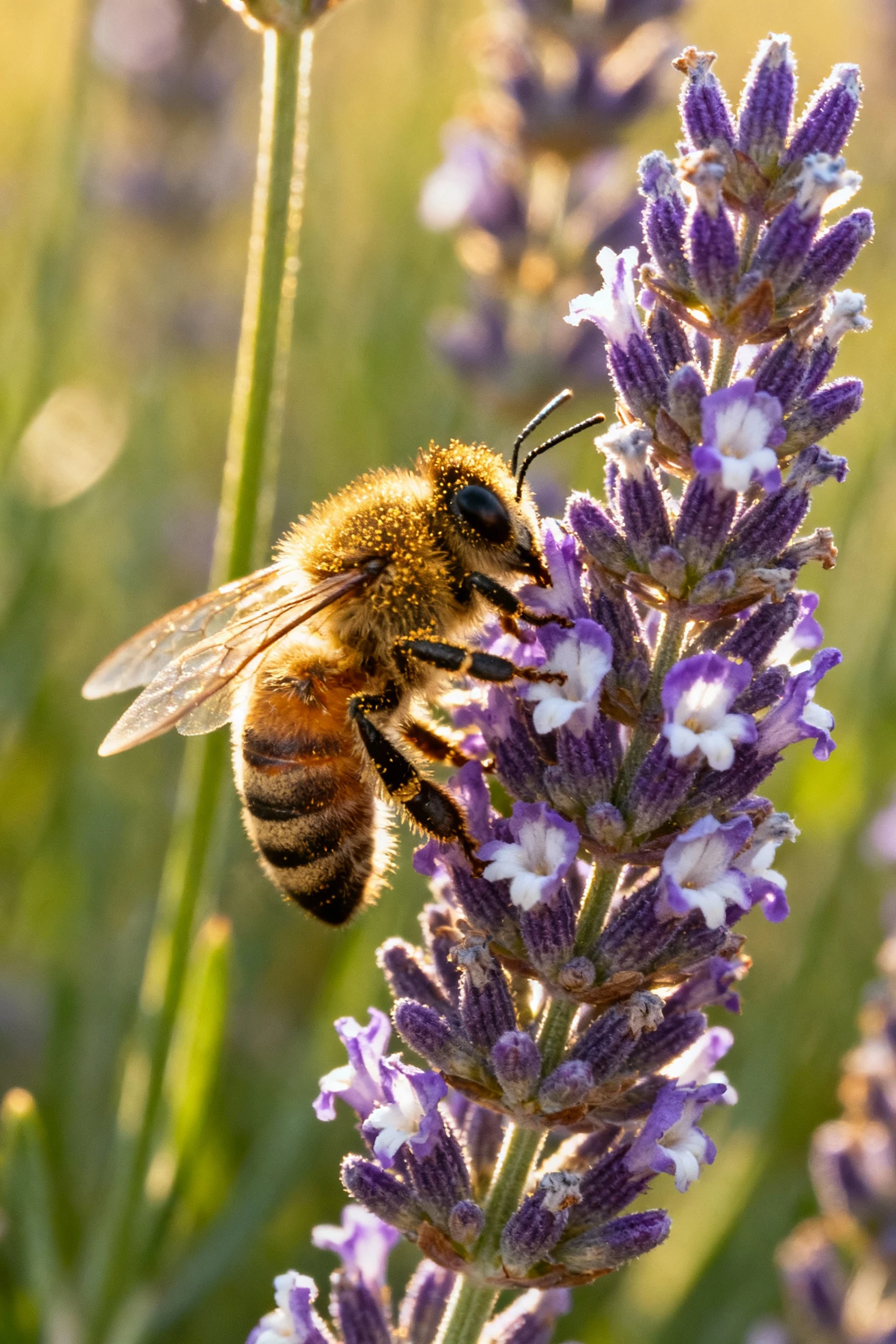 closeup bee on English lavender purple flower spikes