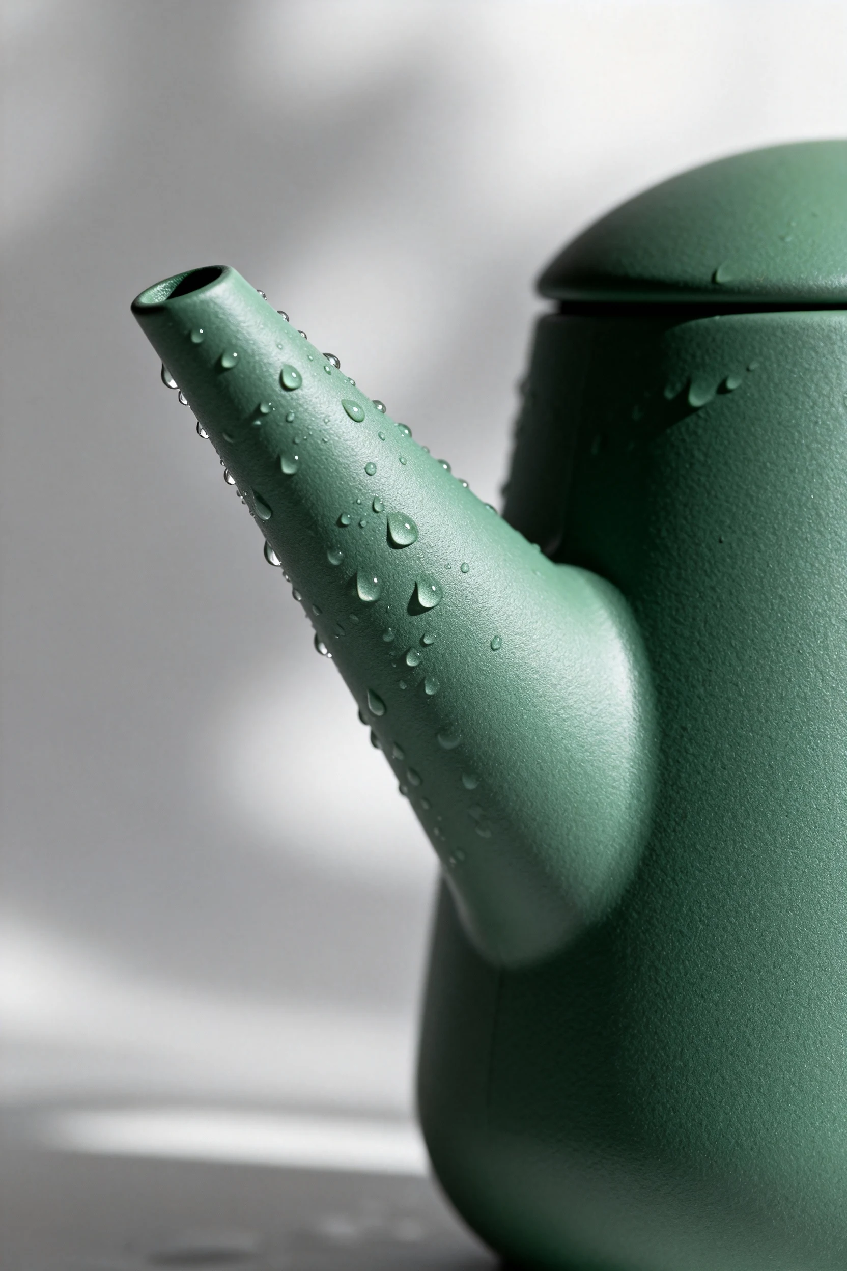 closeup of matte green narrow-spout watering can, droplets
