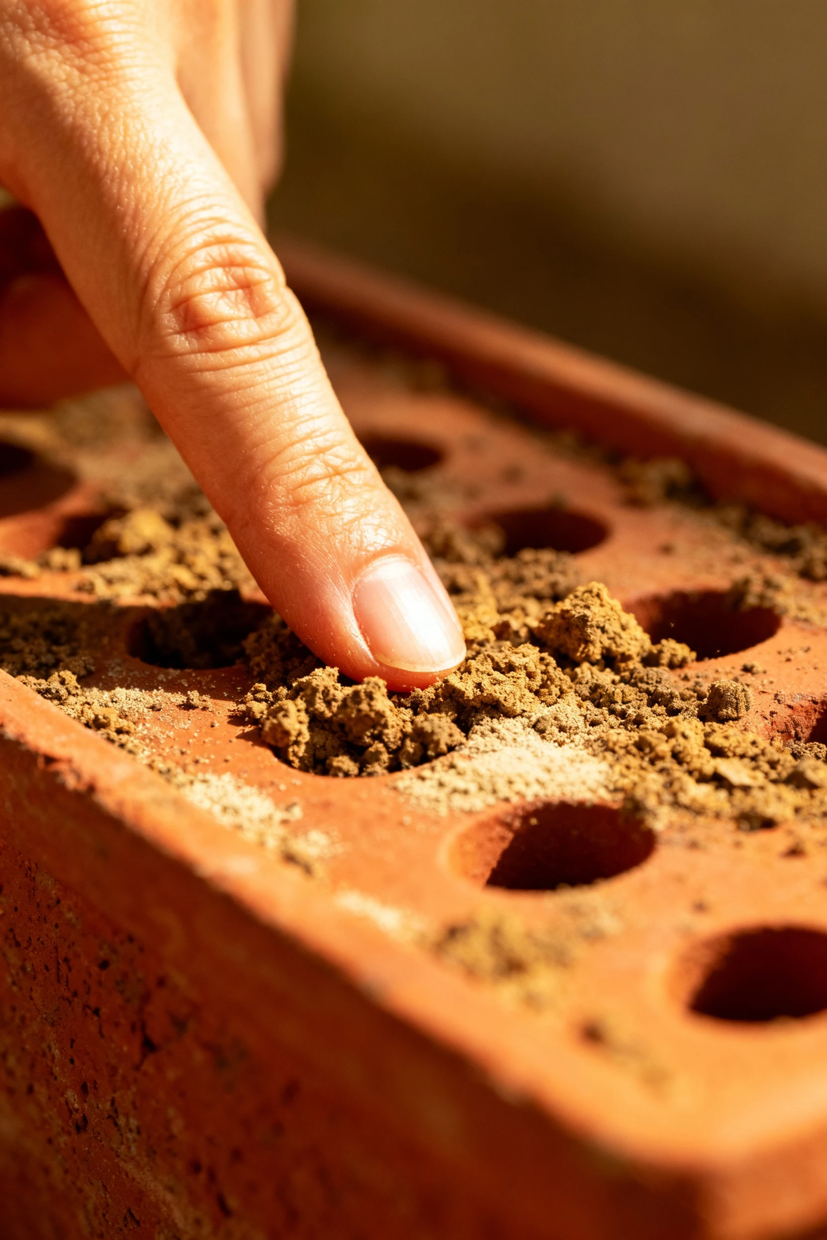 index finger testing dry soil in terra cotta drainage pot
