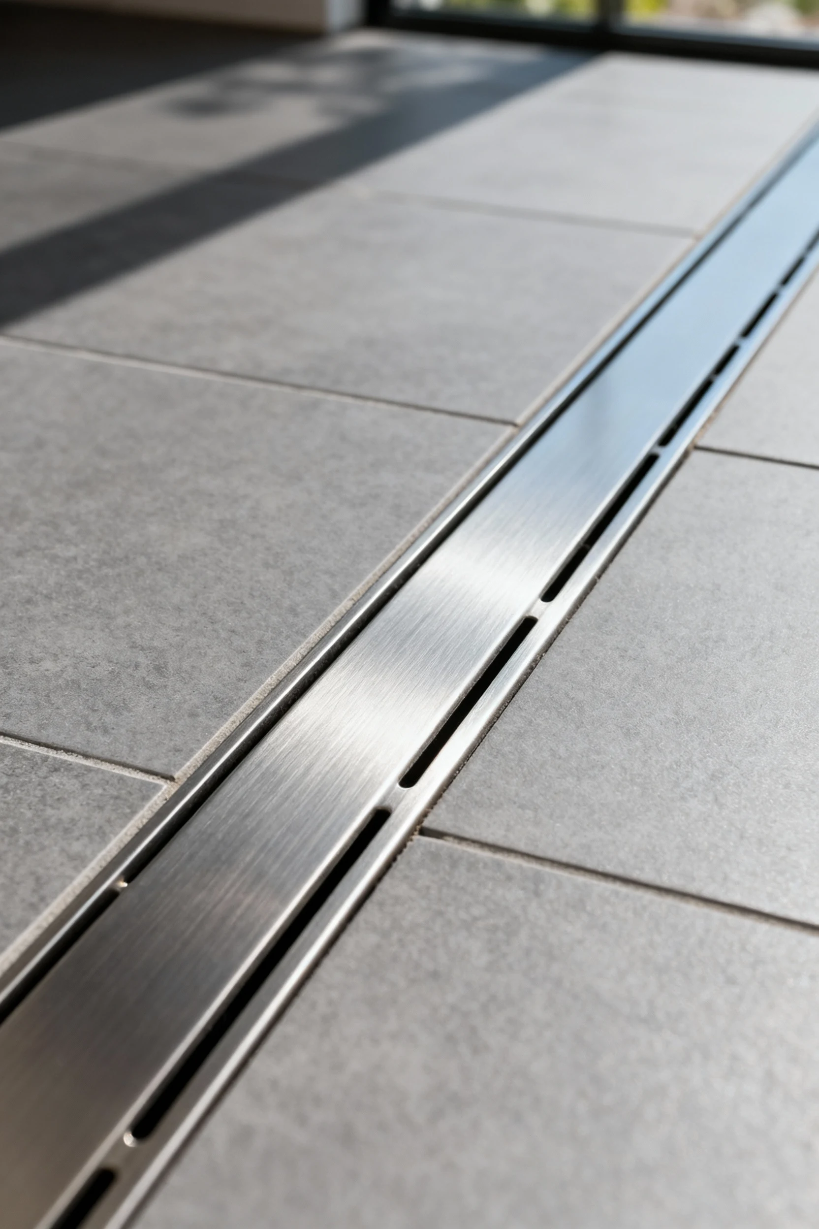 Closeup brushed stainless linear drain, flush threshold, gray porcelain pavers