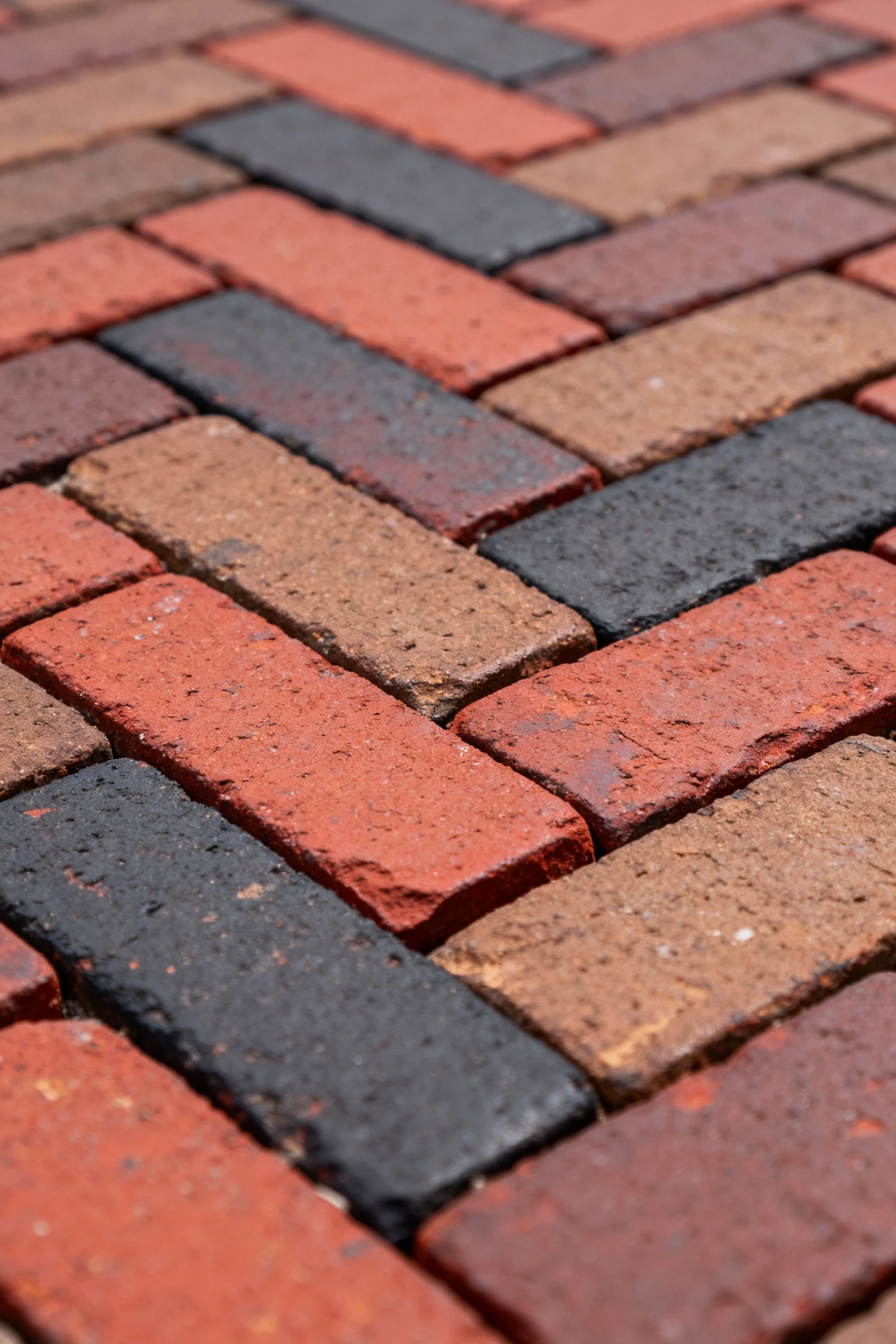 closeup herringbone brick pavers, red brown charcoal mix
