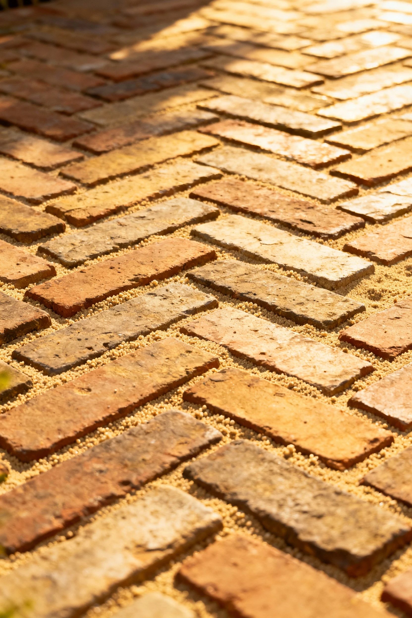 closeup herringbone reclaimed brick patio pad with sand joints