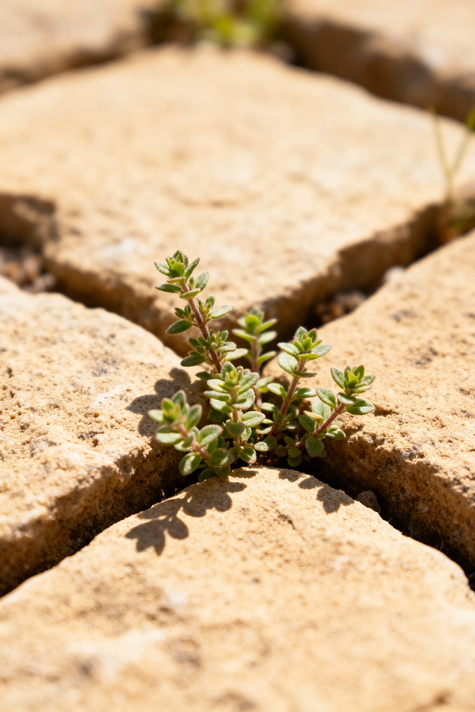 closeup creeping thyme between warm tan sandstone flagstones