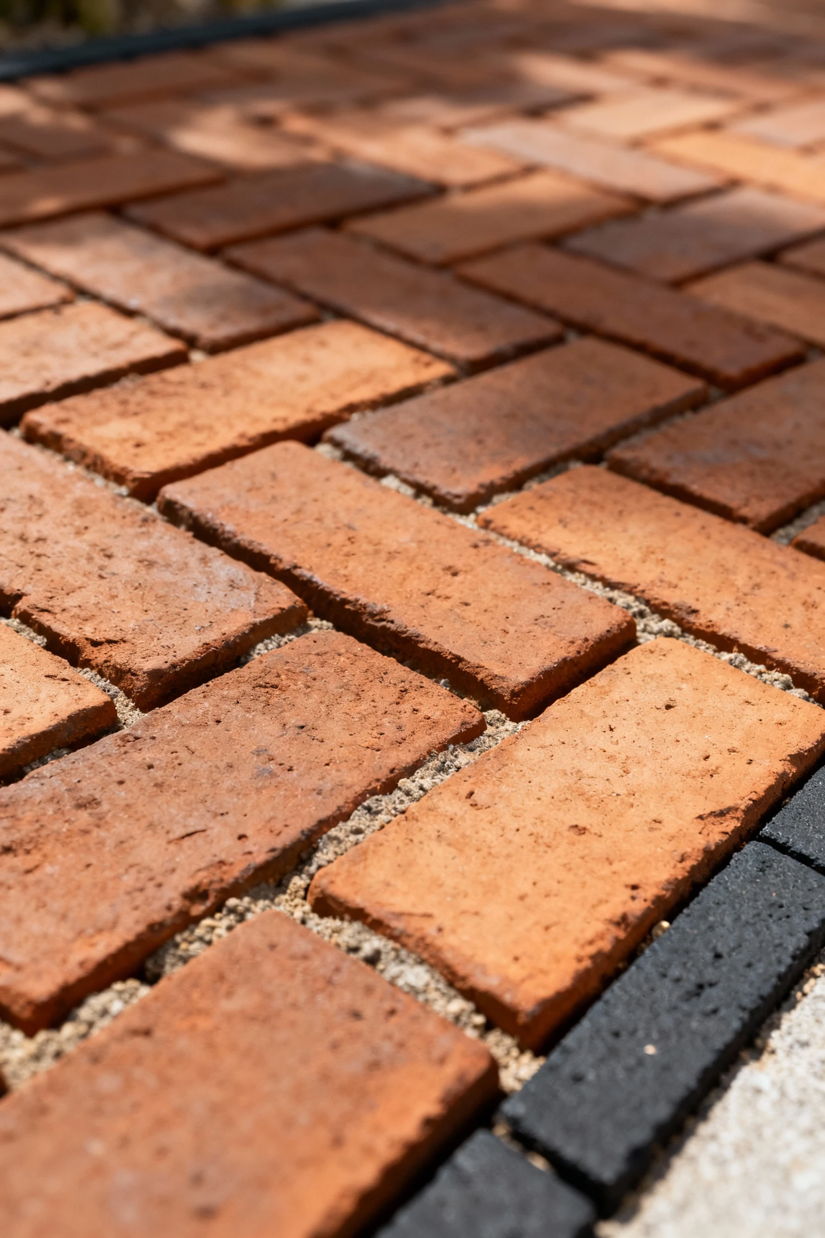 closeup of herringbone clay brick pavers with dark border