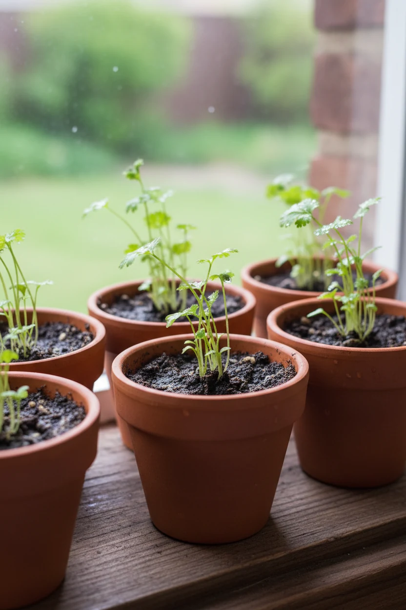 closeup of small terracotta pots with coriander sprouting