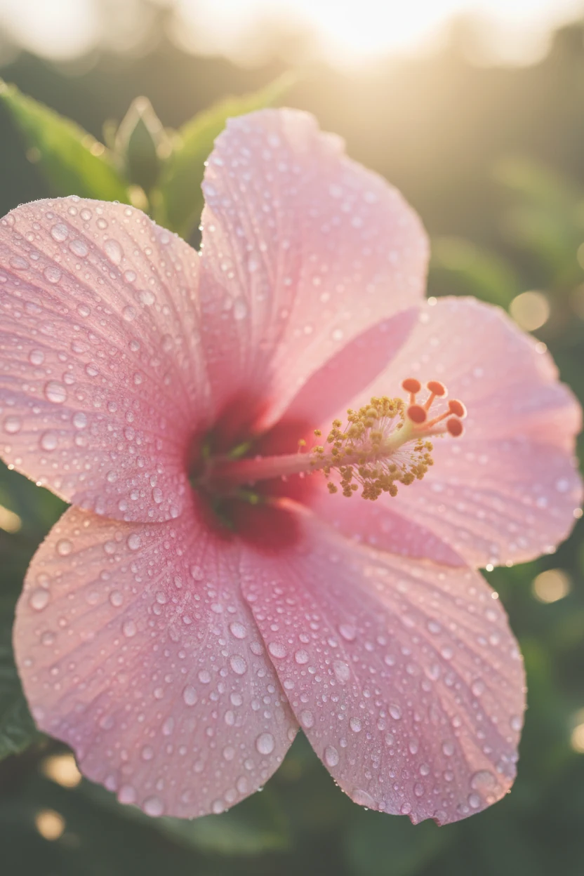 closeup of pink hibiscus flower with dewdrops in sunlight