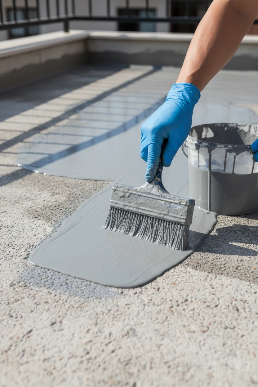 closeup of hands applying liquid waterproofing membrane on concrete terrace floor