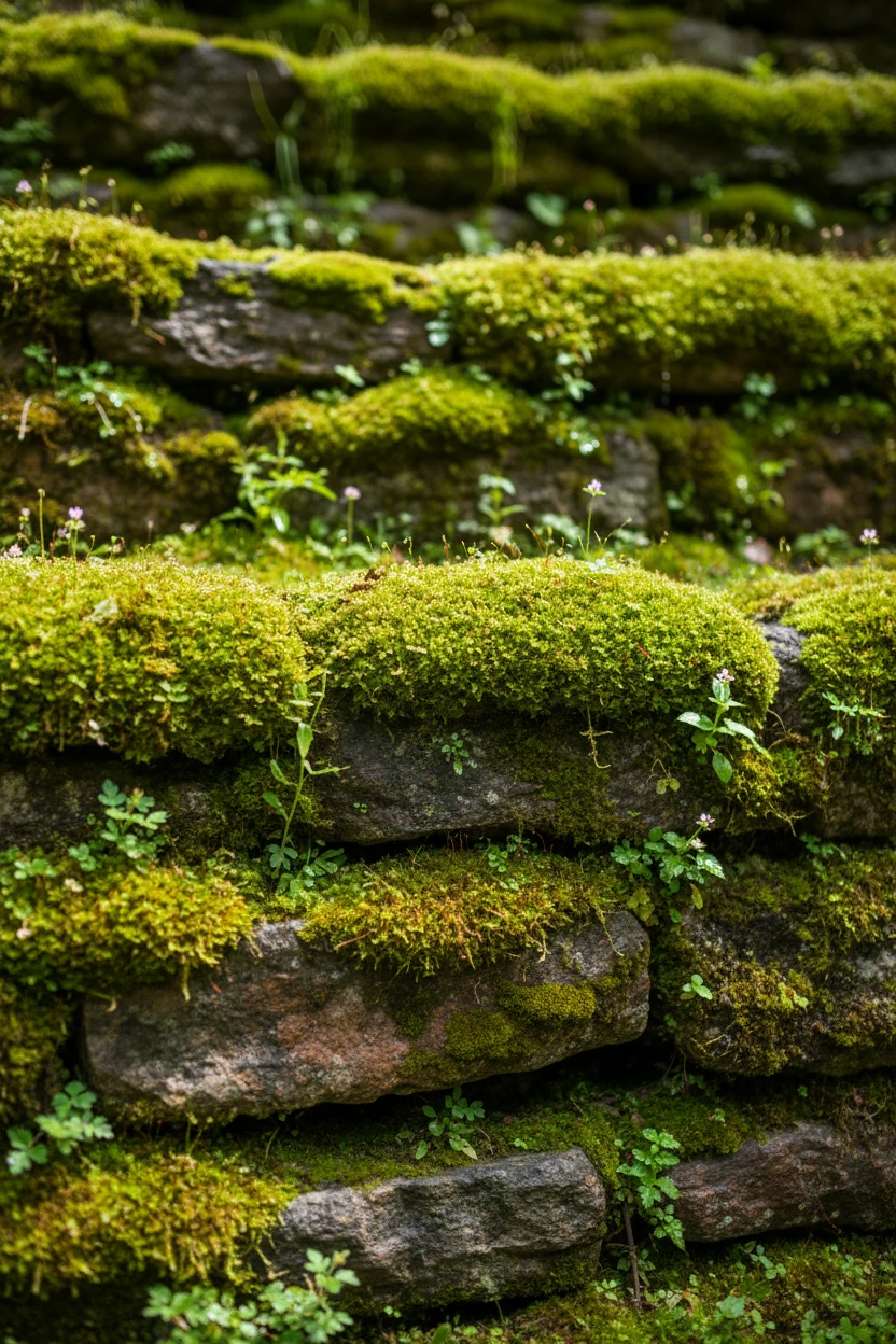 closeup of moss-covered natural stone terrace wall